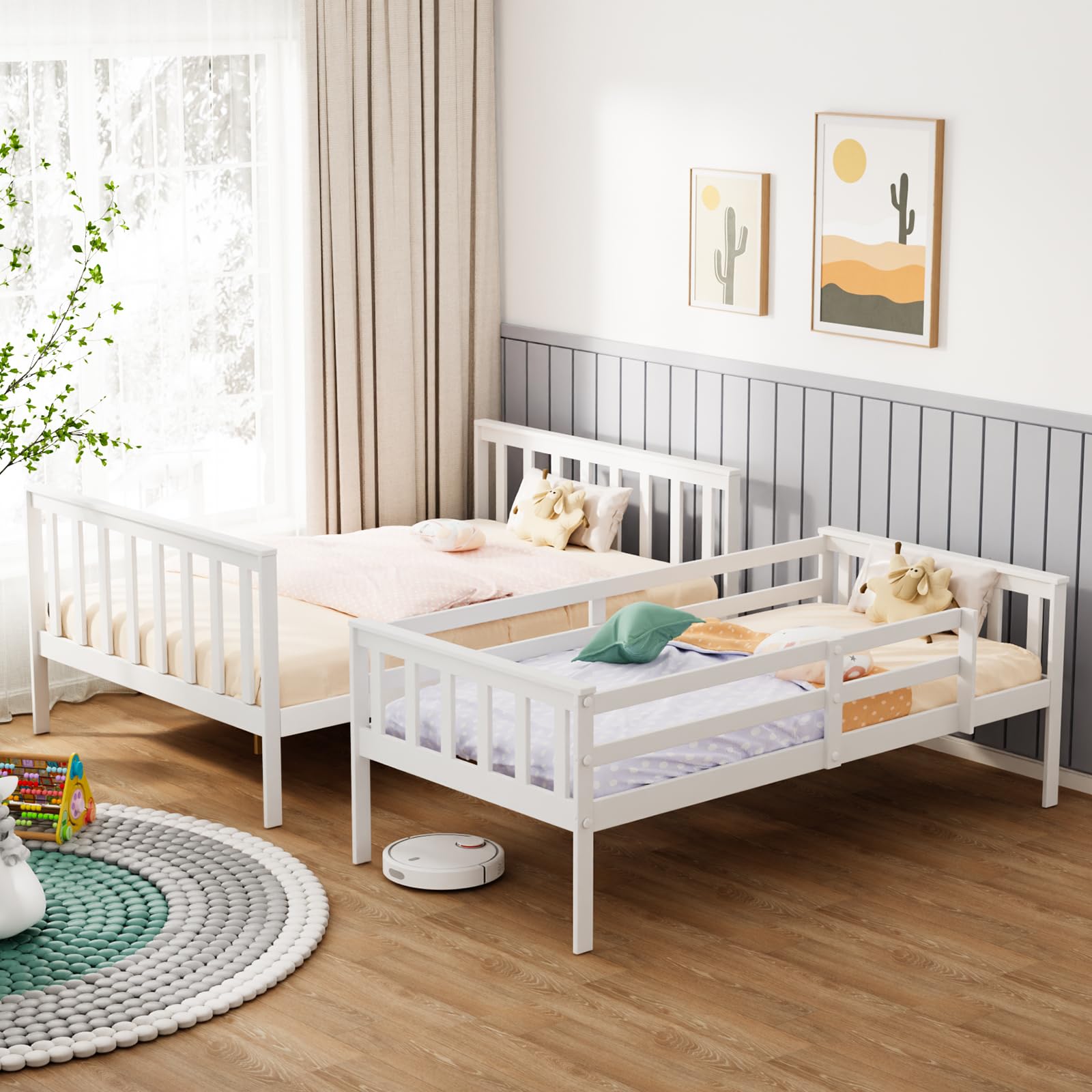JOYMOR Convertible Twin Over Full Solid Wood Bunk Bed Frame with Ladder and Guard Rail