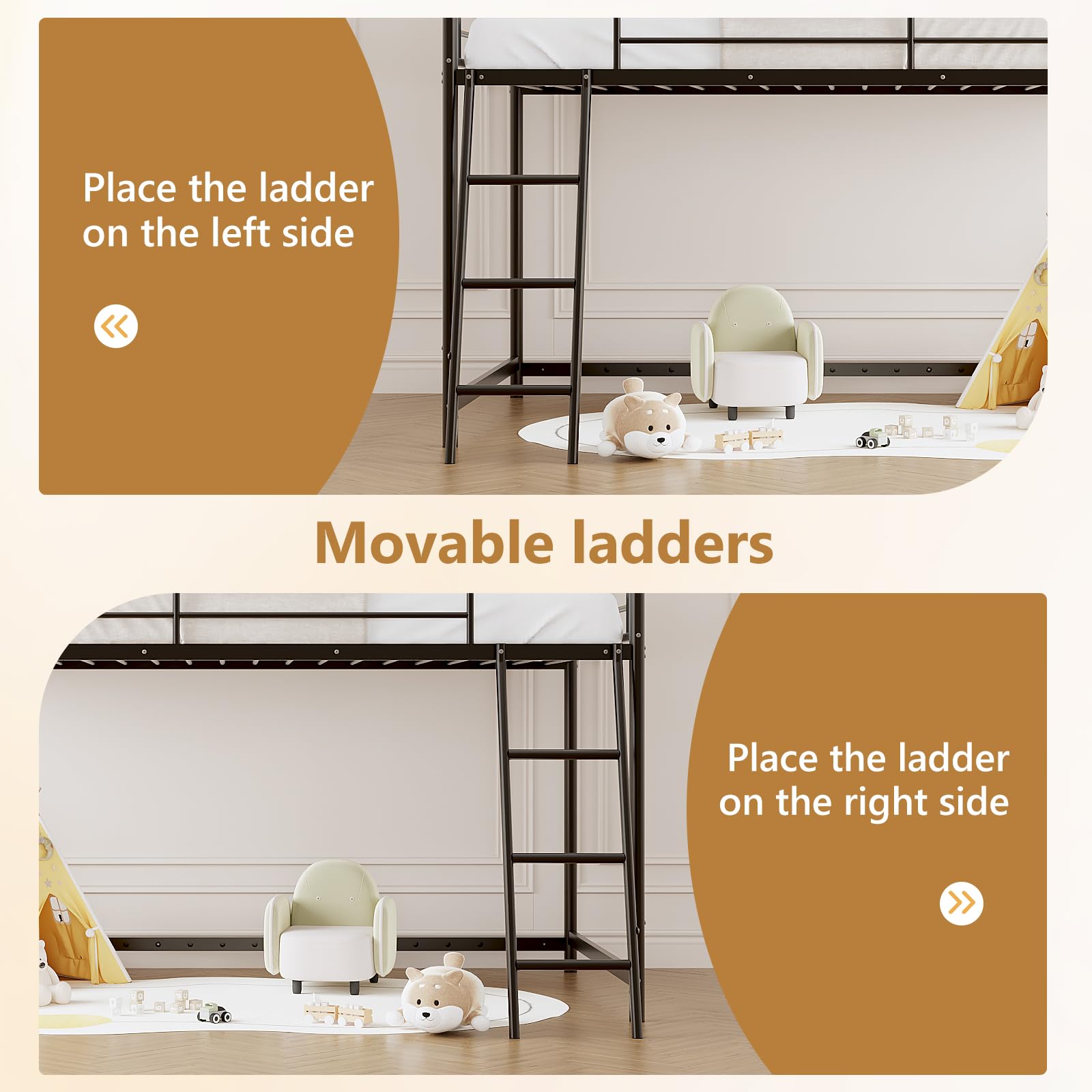 JOYMOR Low Loft Bed with Inclined Ladder Metal Twin Size Bed Frame