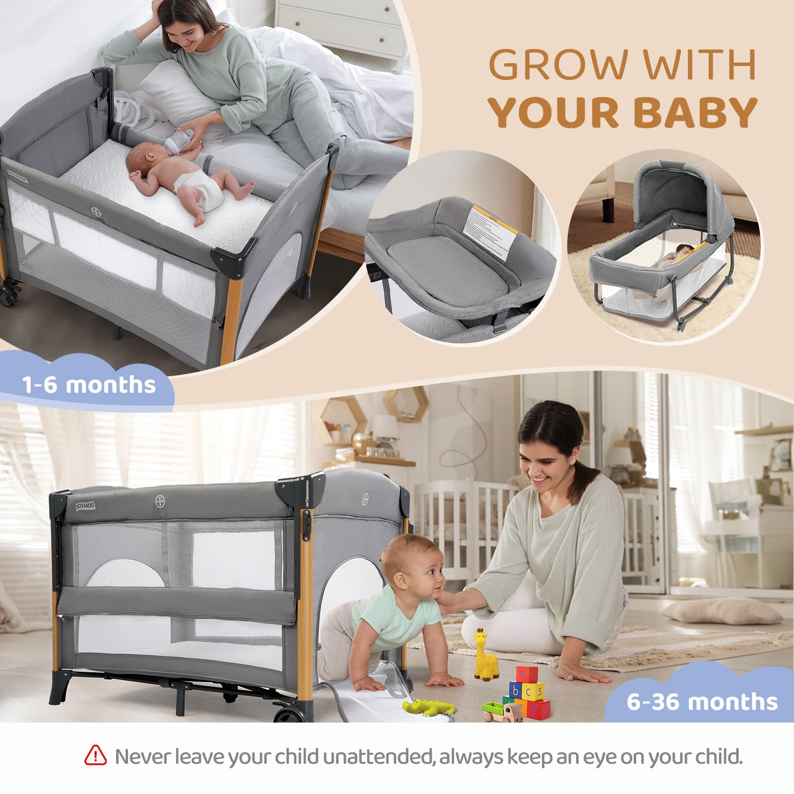 JOYMOR 7 In 1 Baby Bassinet Bedside Sleeper with Changing Table