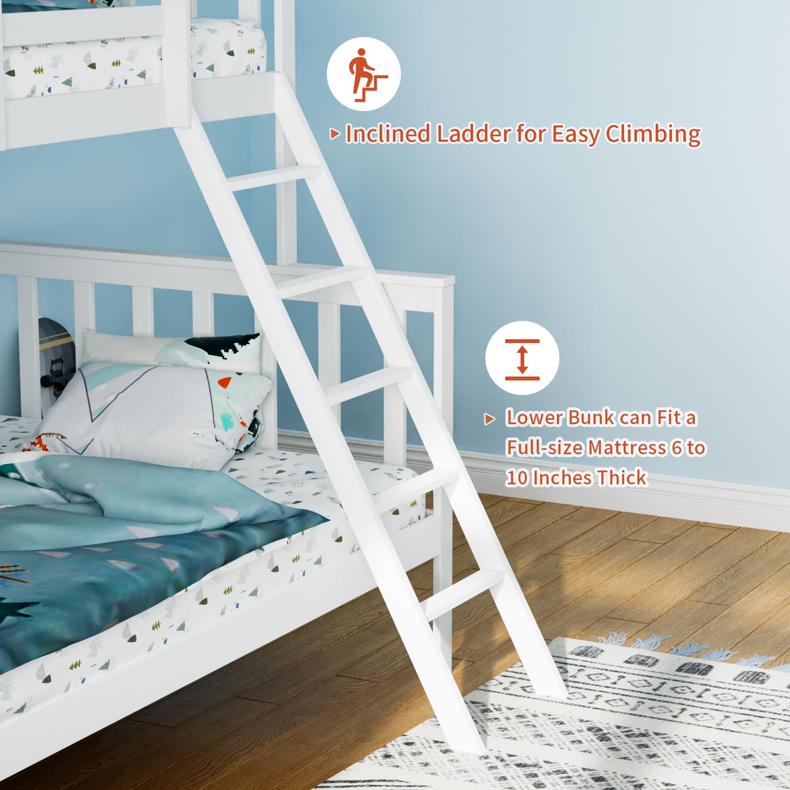 JOYMOR Convertible Twin Over Full Solid Wood Bunk Bed Frame with Ladder and Guard Rail