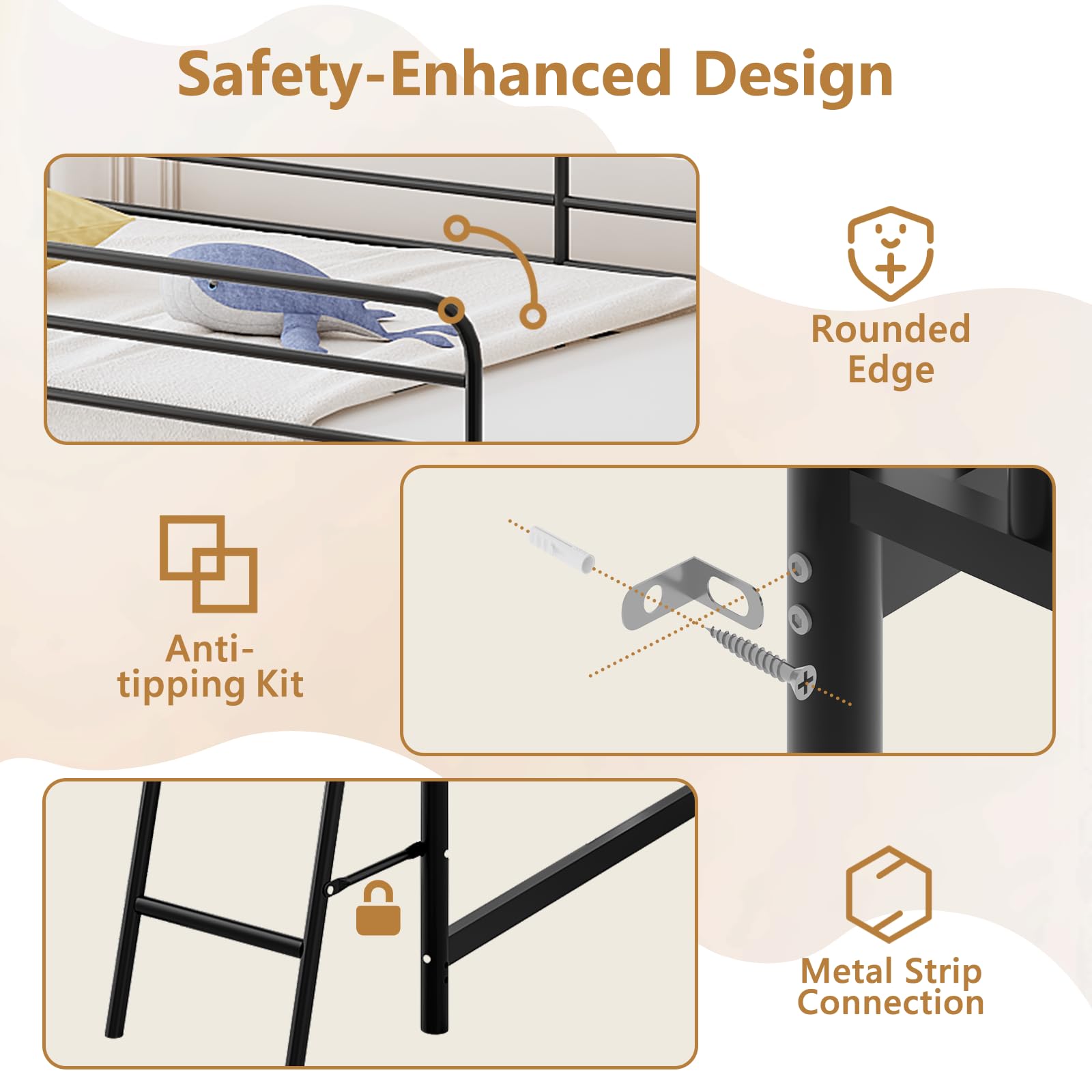 JOYMOR Low Loft Bed with Inclined Ladder Metal Twin Size Bed Frame