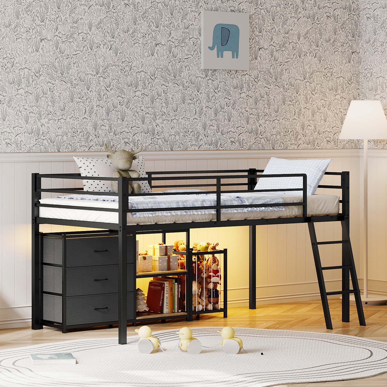 JOYMOR Low Loft Bed with Storage & Basket