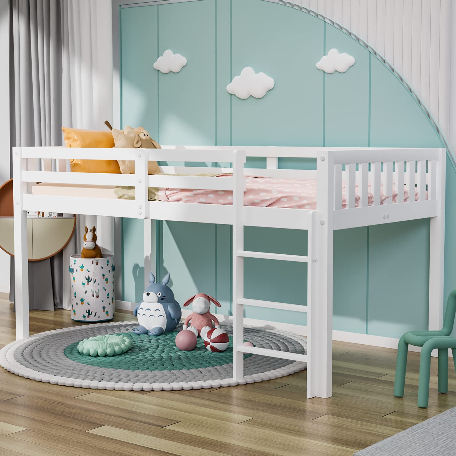 JOYMOR Wooden Toddler Low Loft Bed Twin Size with Stairs