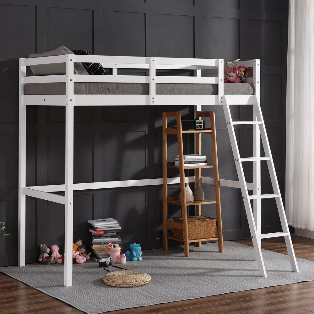 JOYMOR Kids Wooden High Loft Bed Twin Bed Frame
