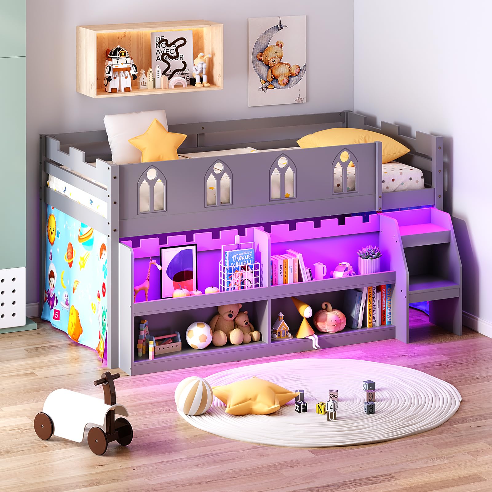 JOYMOR Modern Low Loft Bed with Shelves Kids Twin Bed Frame
