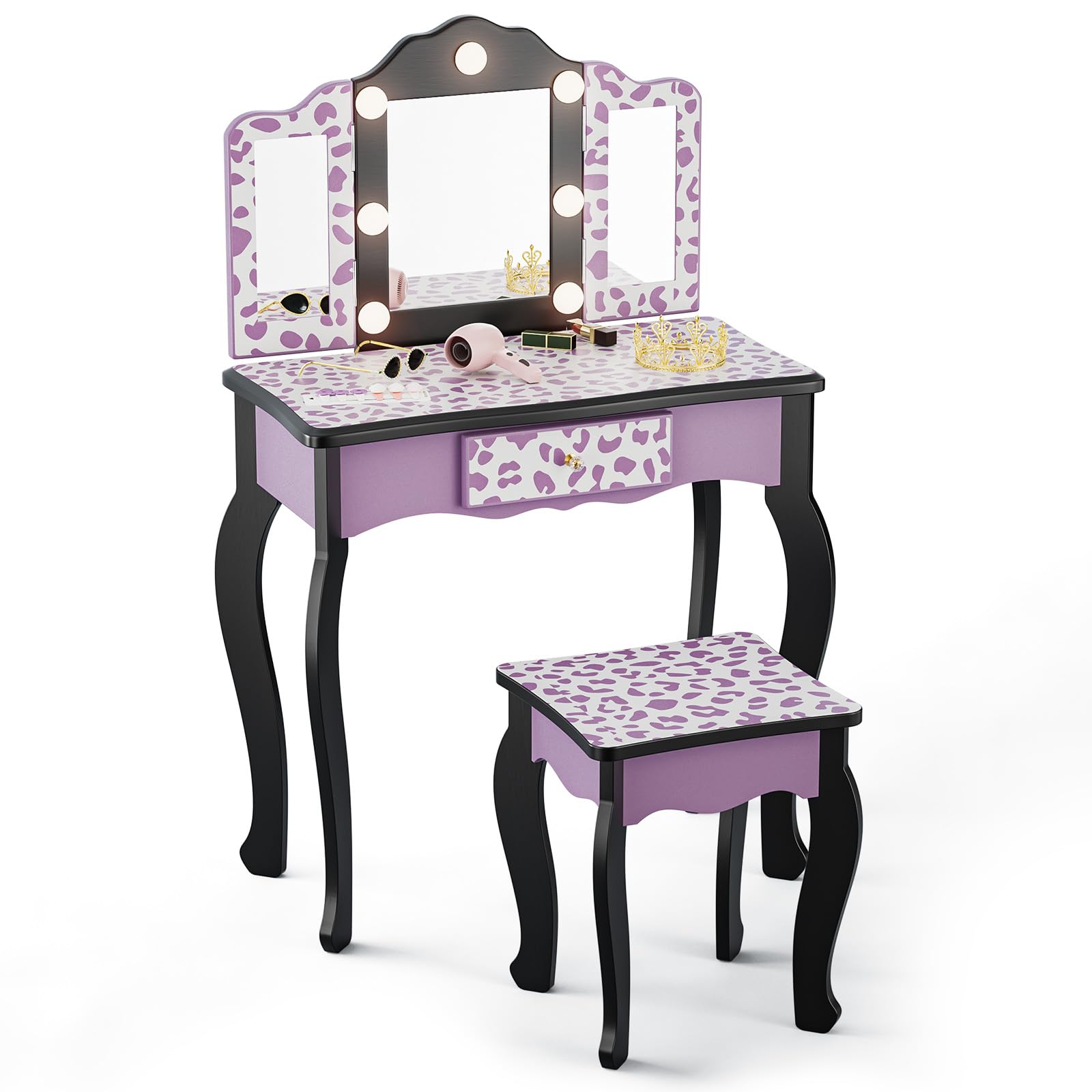 JOYMOR Kids Vanity Set Tri-Fold Girls Vanity with Leopard Print