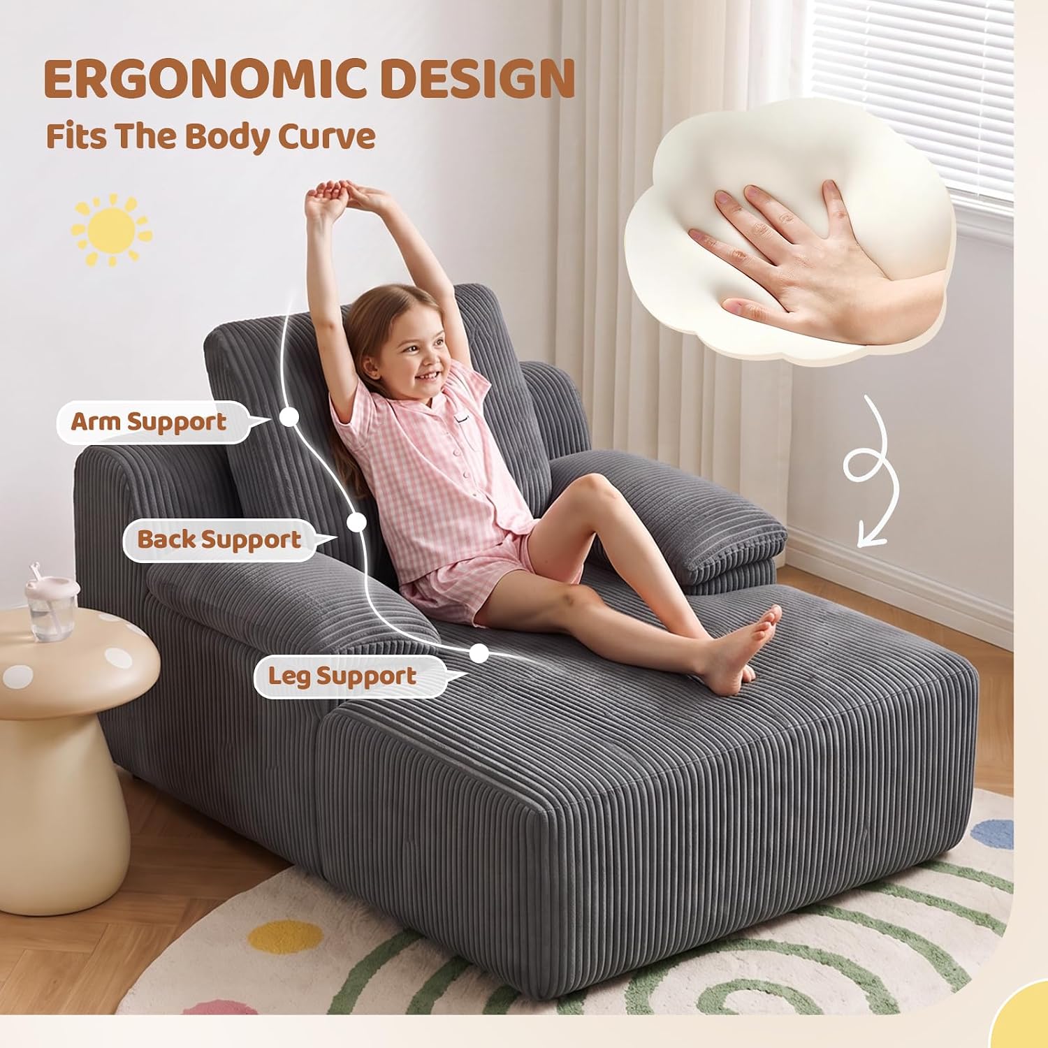 JOYMOR Chaise Lounge Chair Corduroy Upholstered Boneless Kids Sofa Bed