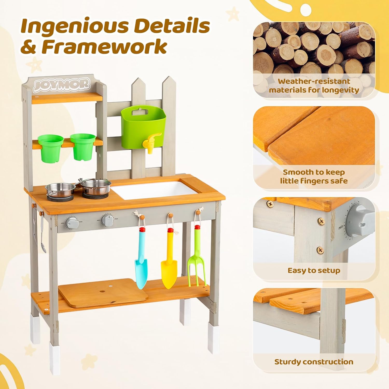 JOYMOR Outdoor Kids Mud Kitchen Playset with Faucet Pots & Garden Tools