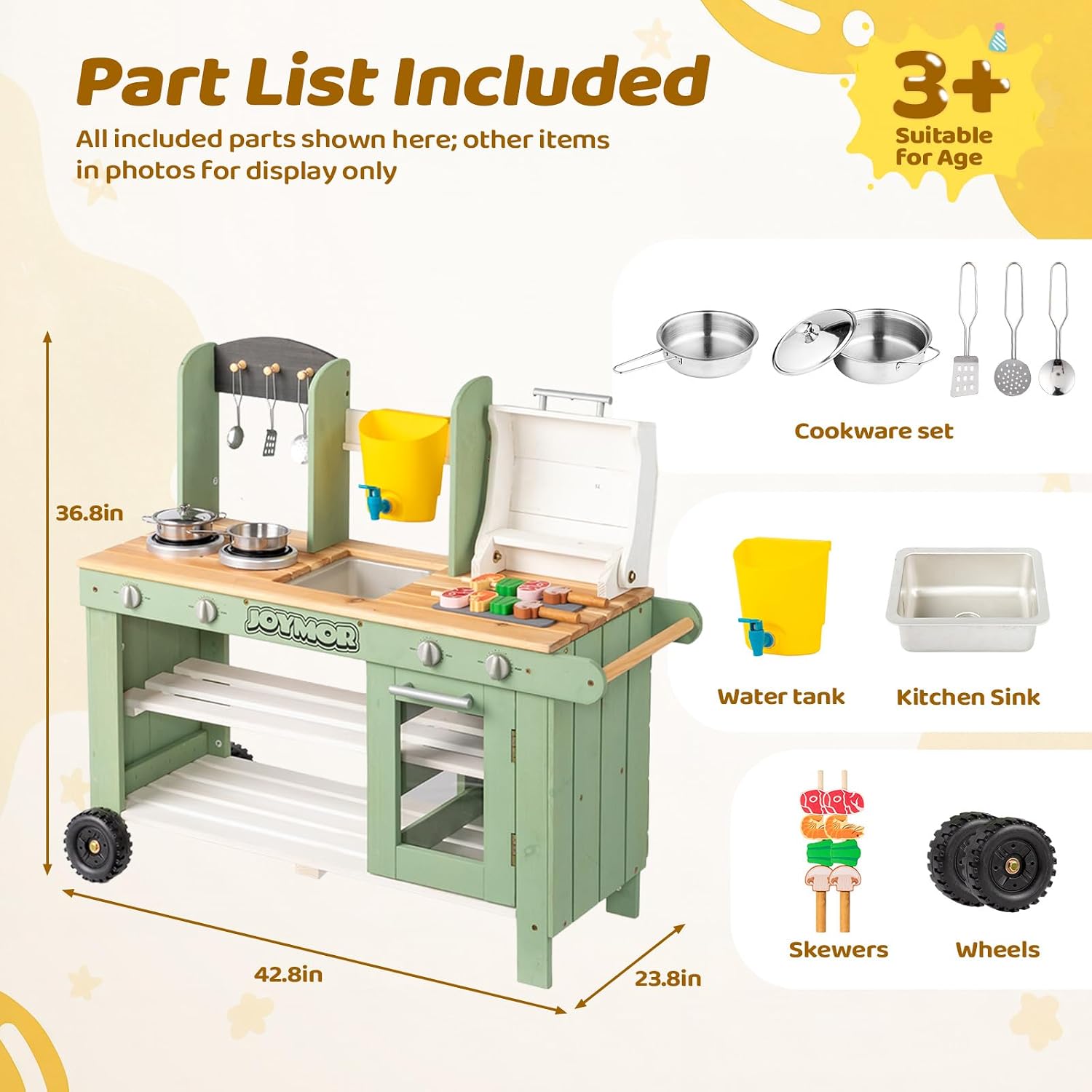 JOYMOR Kids Outdoor Mud Kitchen Wheeled Fir Sink Stove Grill Kids Gift