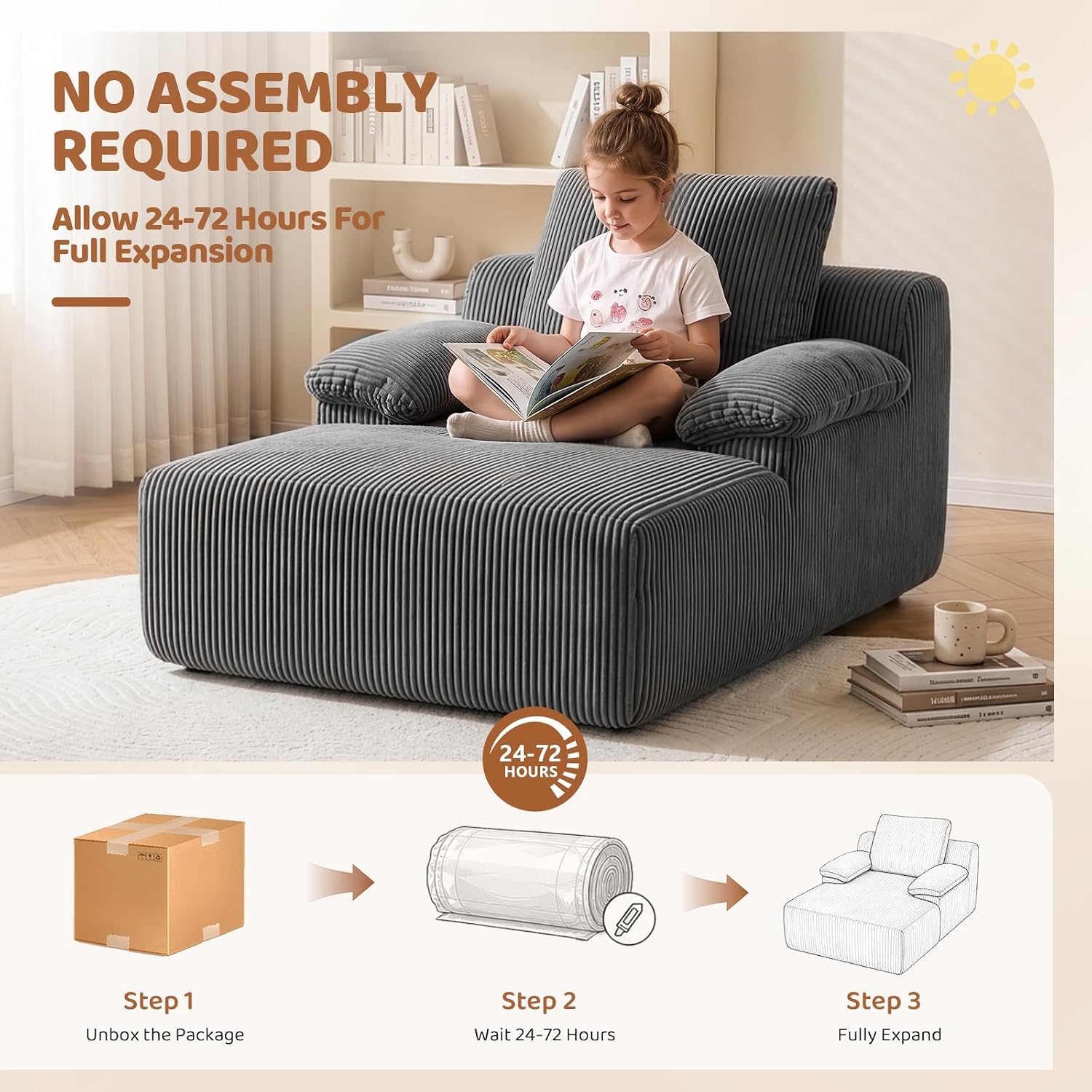 JOYMOR Chaise Lounge Chair Corduroy Upholstered Boneless Kids Sofa Bed