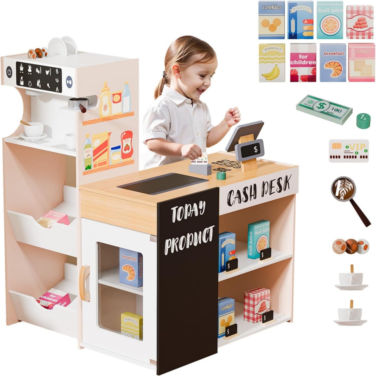 JOYMOR Pretend Supermarket Kids Wooden Grocery Store Playset