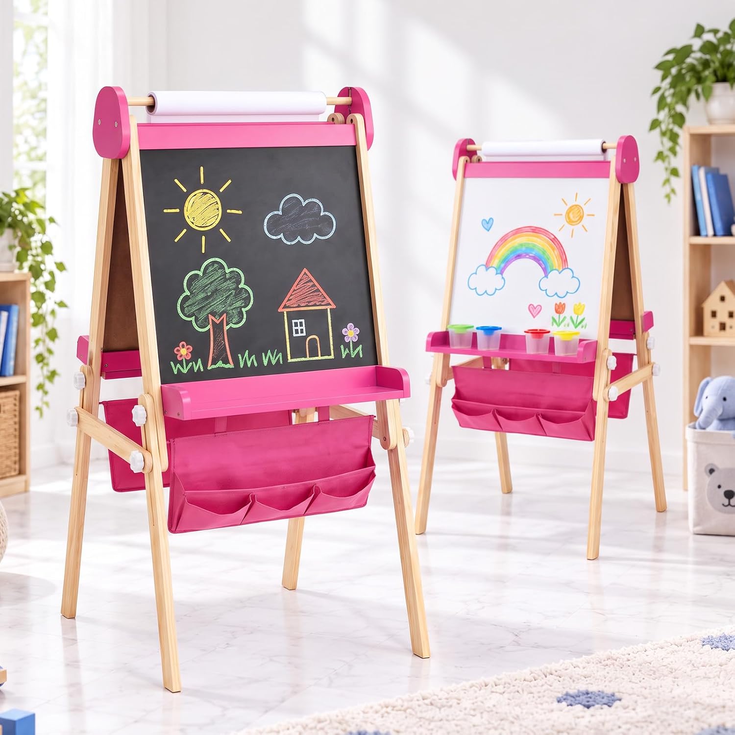 JOYMOR Wooden Easel for Kids Foldable&Adjustable Height Storage Trays