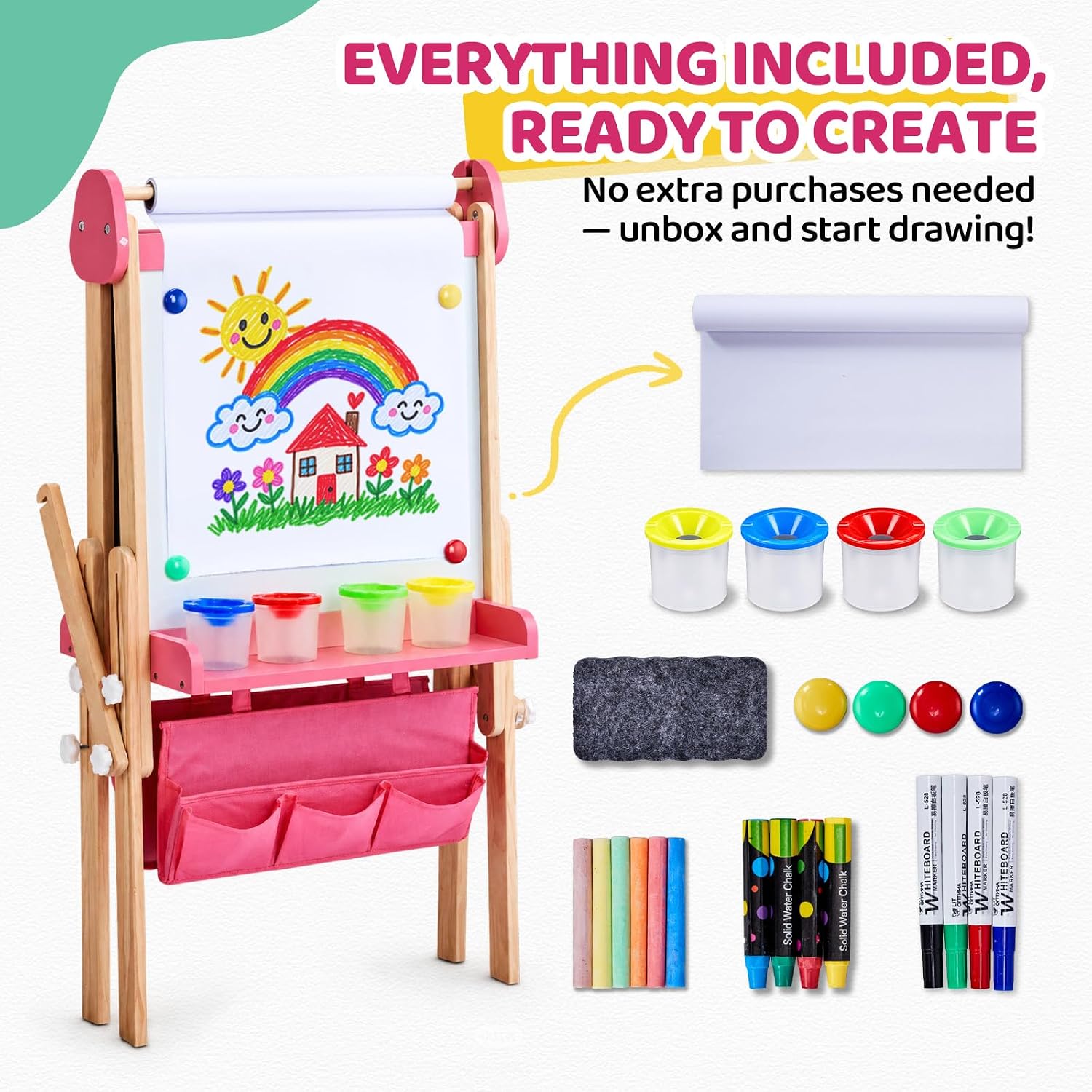 JOYMOR Wooden Easel for Kids Foldable&Adjustable Height Storage Trays