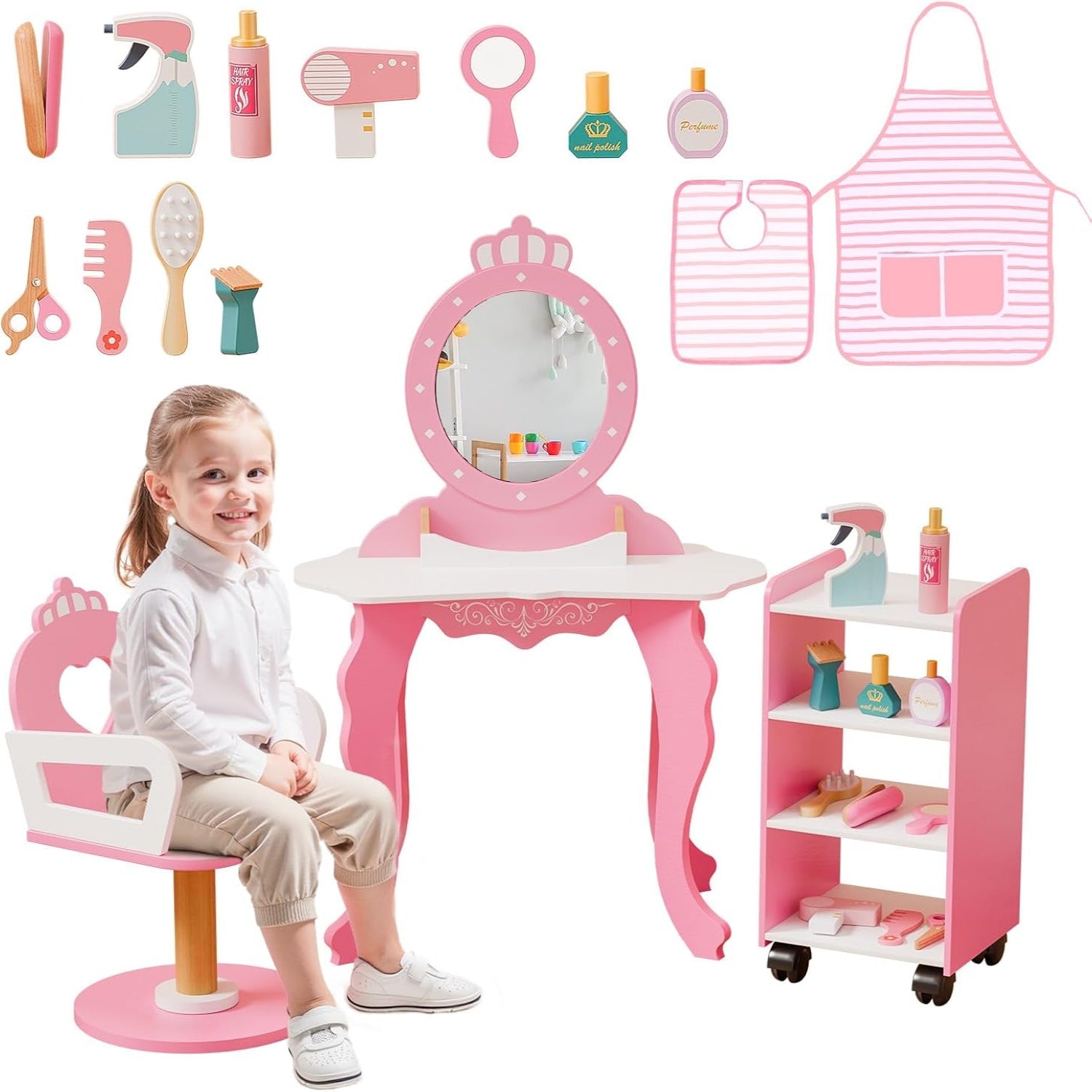 JOYMOR Wooden Hair Salon Pretend Play Set Vanity Mirror Swivel Chai JOYMOR Wooden Hair Salon Pretend Play Set Vanity Mirror Swivel Chai