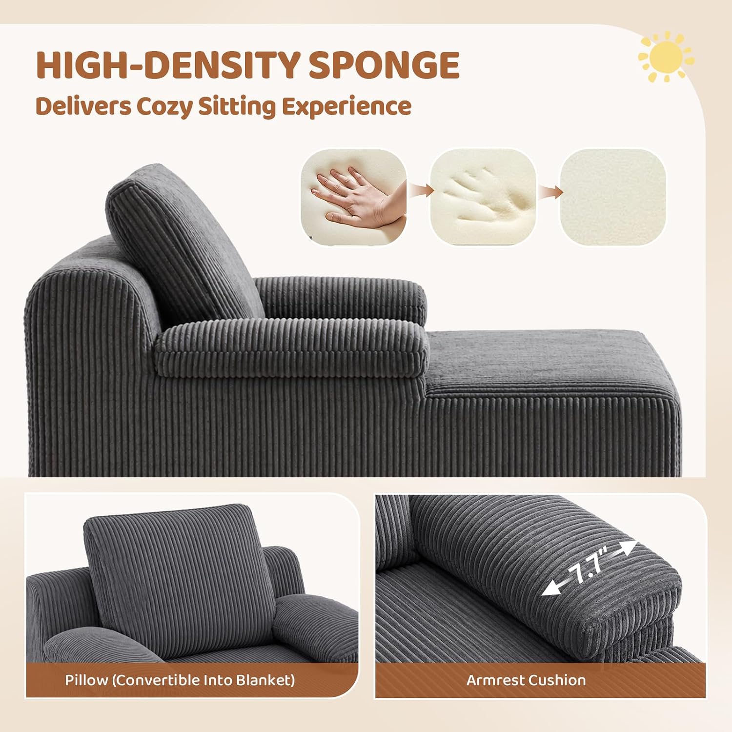 JOYMOR Chaise Lounge Chair Corduroy Upholstered Boneless Kids Sofa Bed