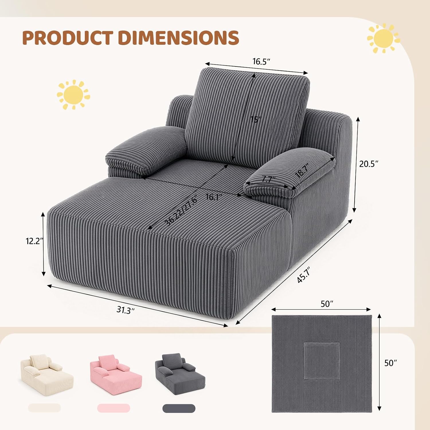 JOYMOR Chaise Lounge Chair Corduroy Upholstered Boneless Kids Sofa Bed