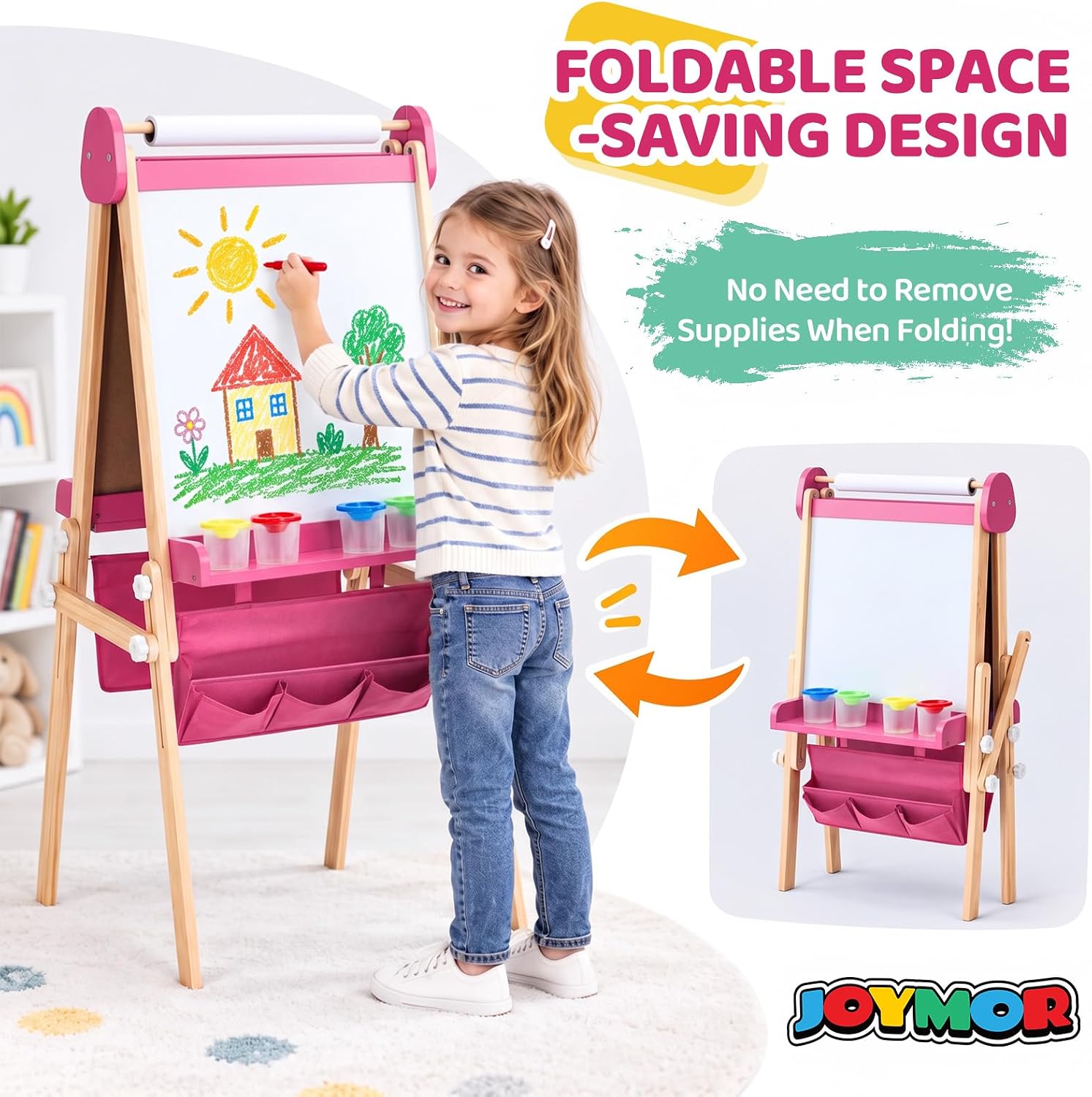 JOYMOR Wooden Easel for Kids Foldable&Adjustable Height Storage Trays