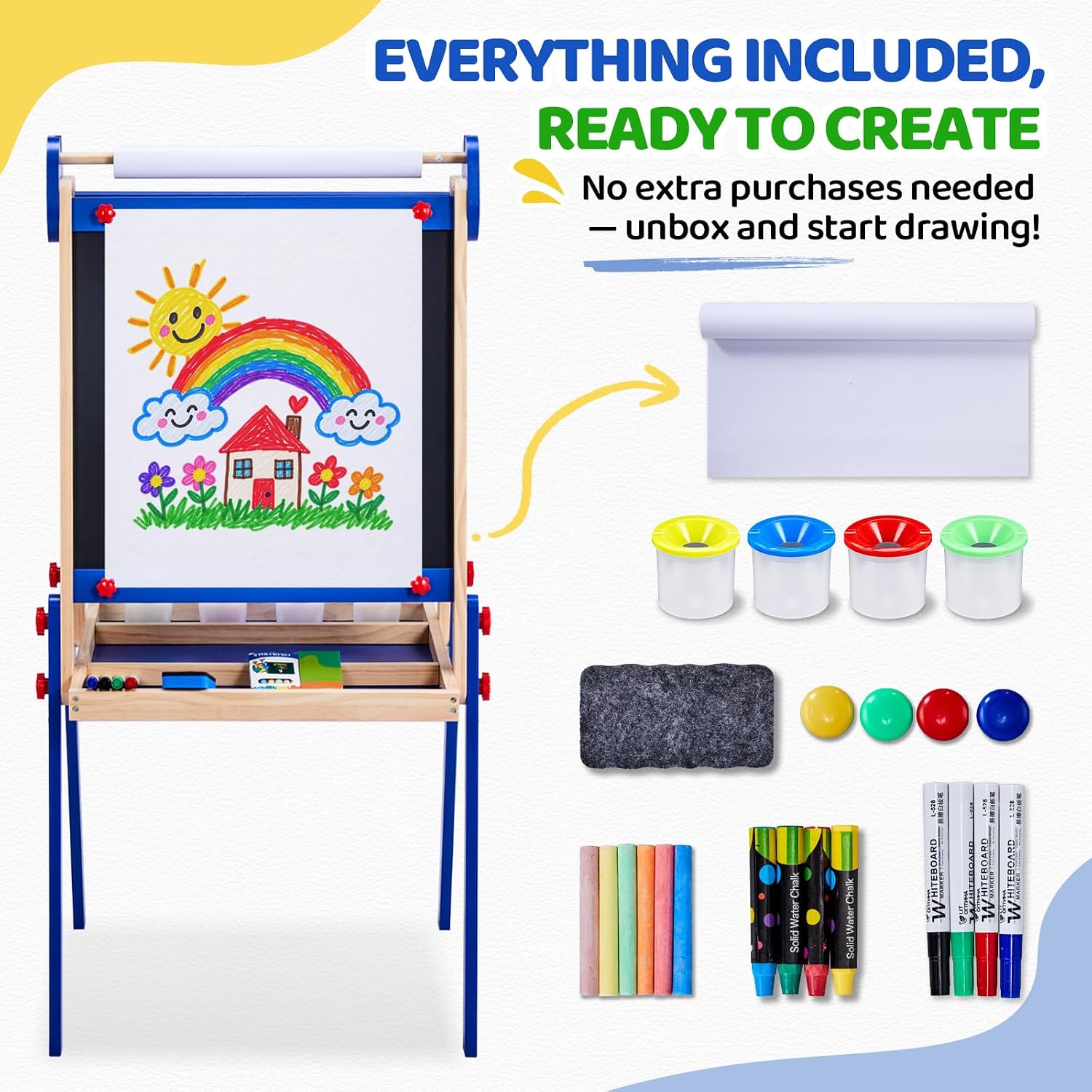 JOYMOR Wooden Easel for Kids Double-Sided Height Adjustable Painting