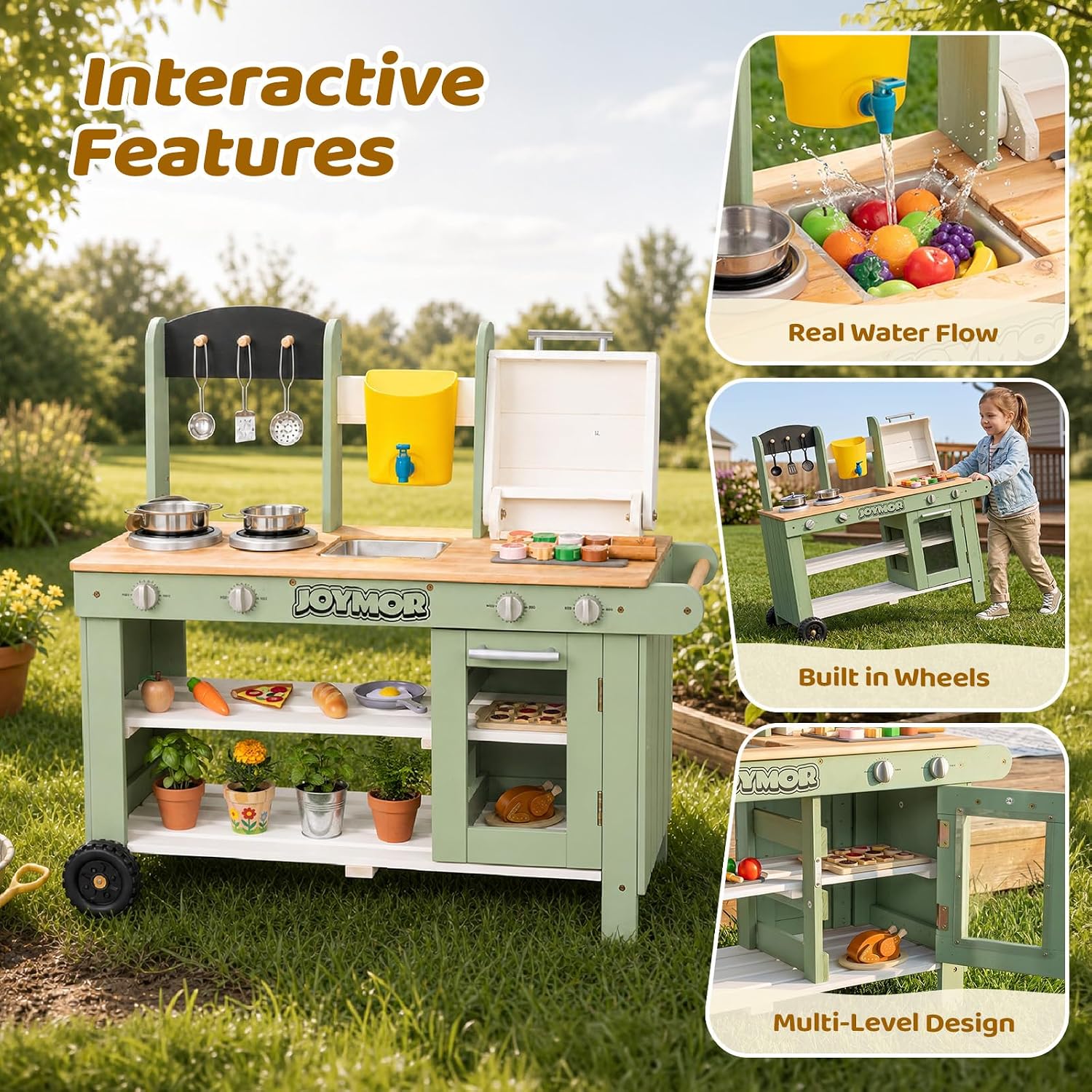 JOYMOR Kids Outdoor Mud Kitchen Wheeled Fir Sink Stove Grill Kids Gift
