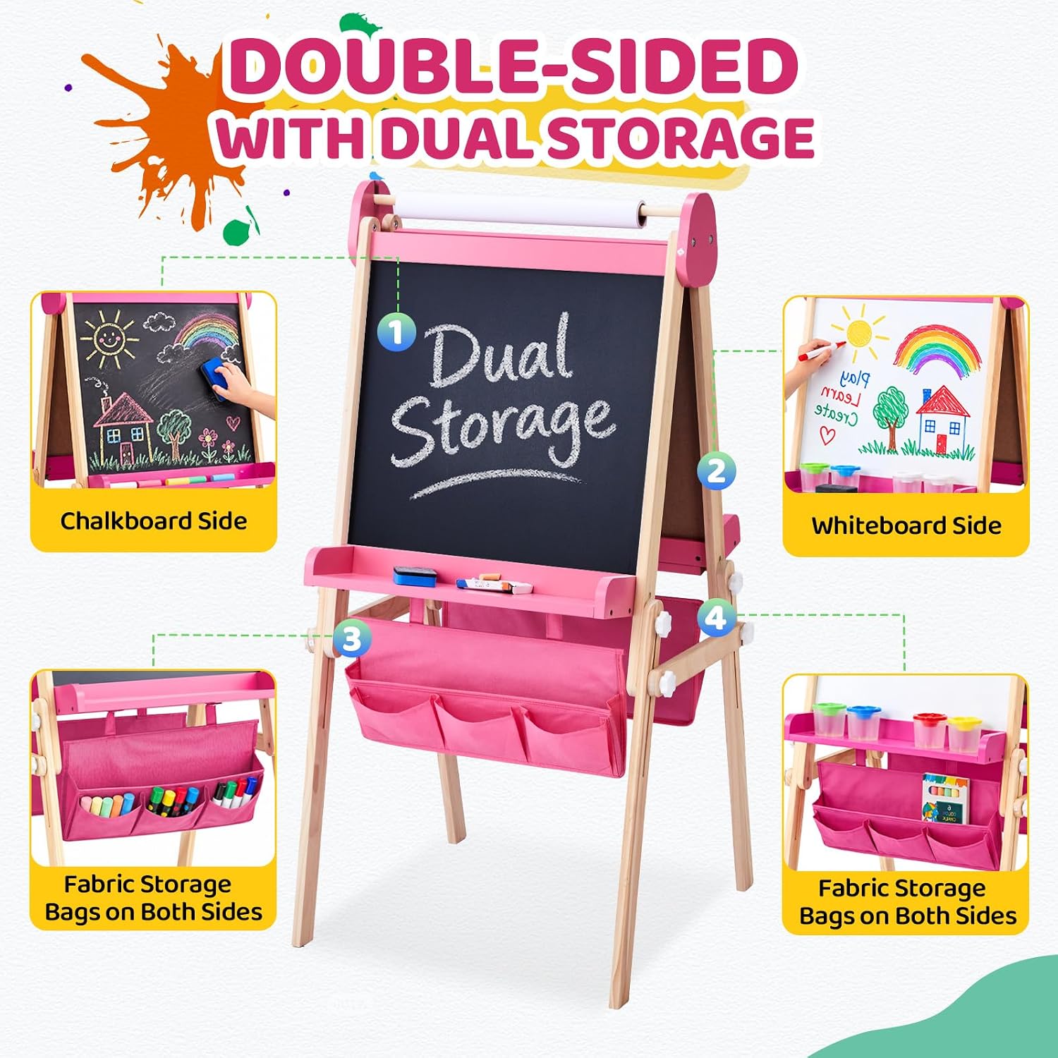 JOYMOR Wooden Easel for Kids Foldable&Adjustable Height Storage Trays
