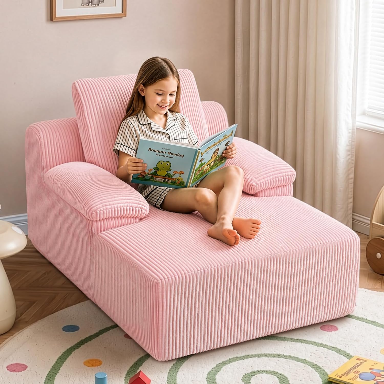 JOYMOR Chaise Lounge Chair Corduroy Upholstered Boneless Kids Sofa Bed