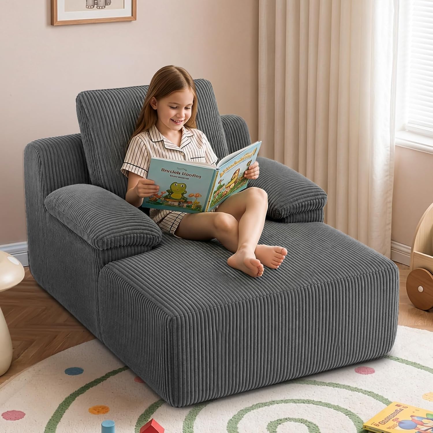 JOYMOR Chaise Lounge Chair Corduroy Upholstered Boneless Kids Sofa Bed