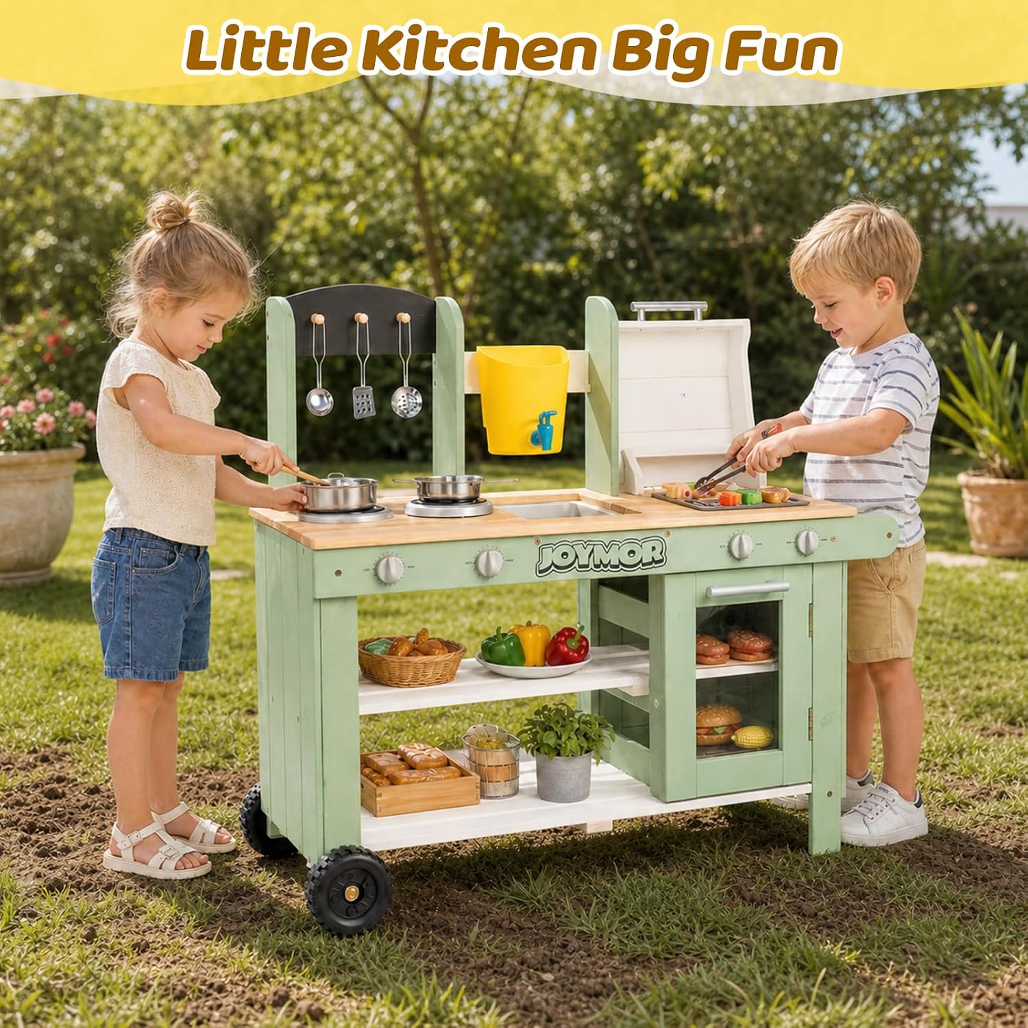 JOYMOR Kids Outdoor Mud Kitchen Wheeled Fir Sink Stove Grill Kids Gift