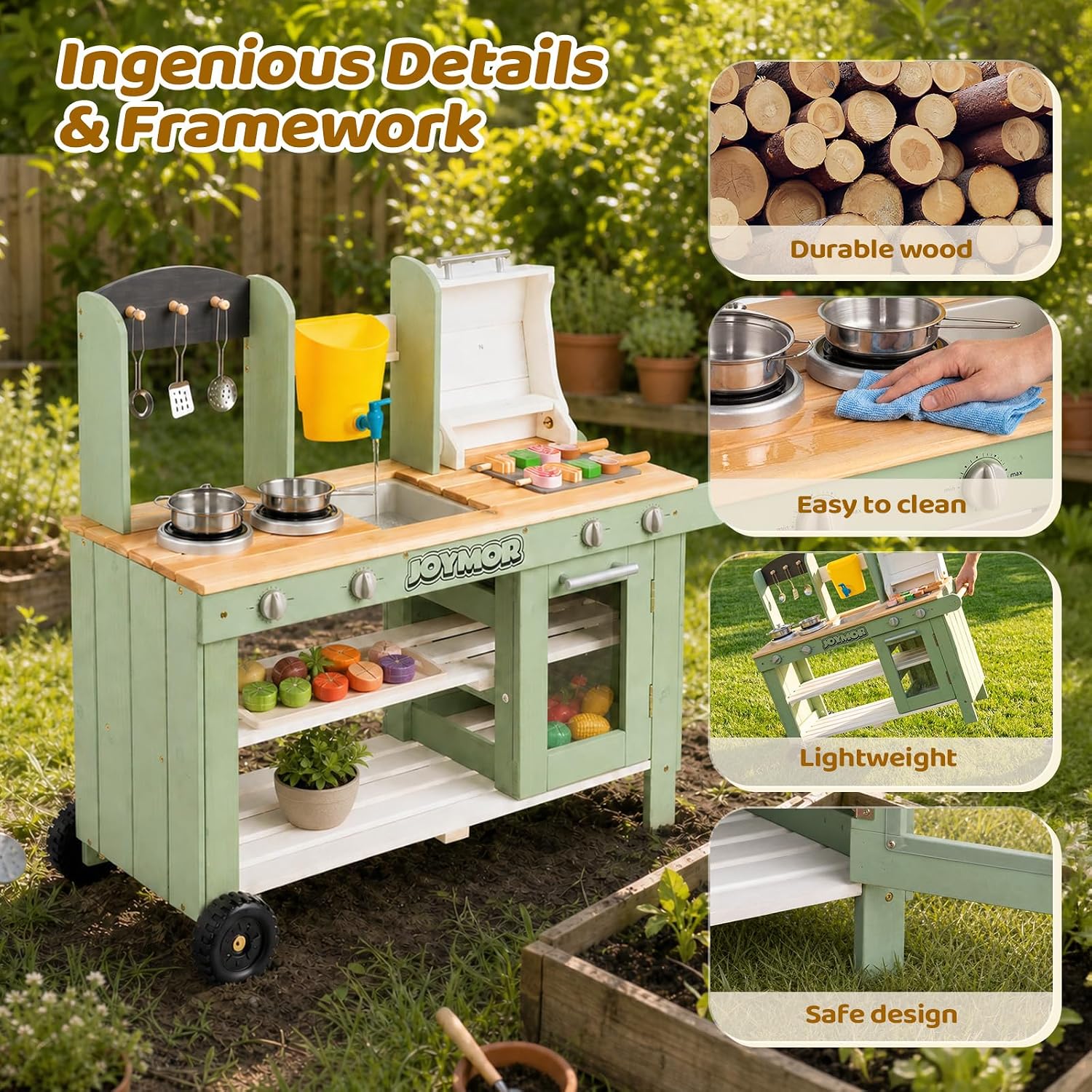 JOYMOR Kids Outdoor Mud Kitchen Wheeled Fir Sink Stove Grill Kids Gift