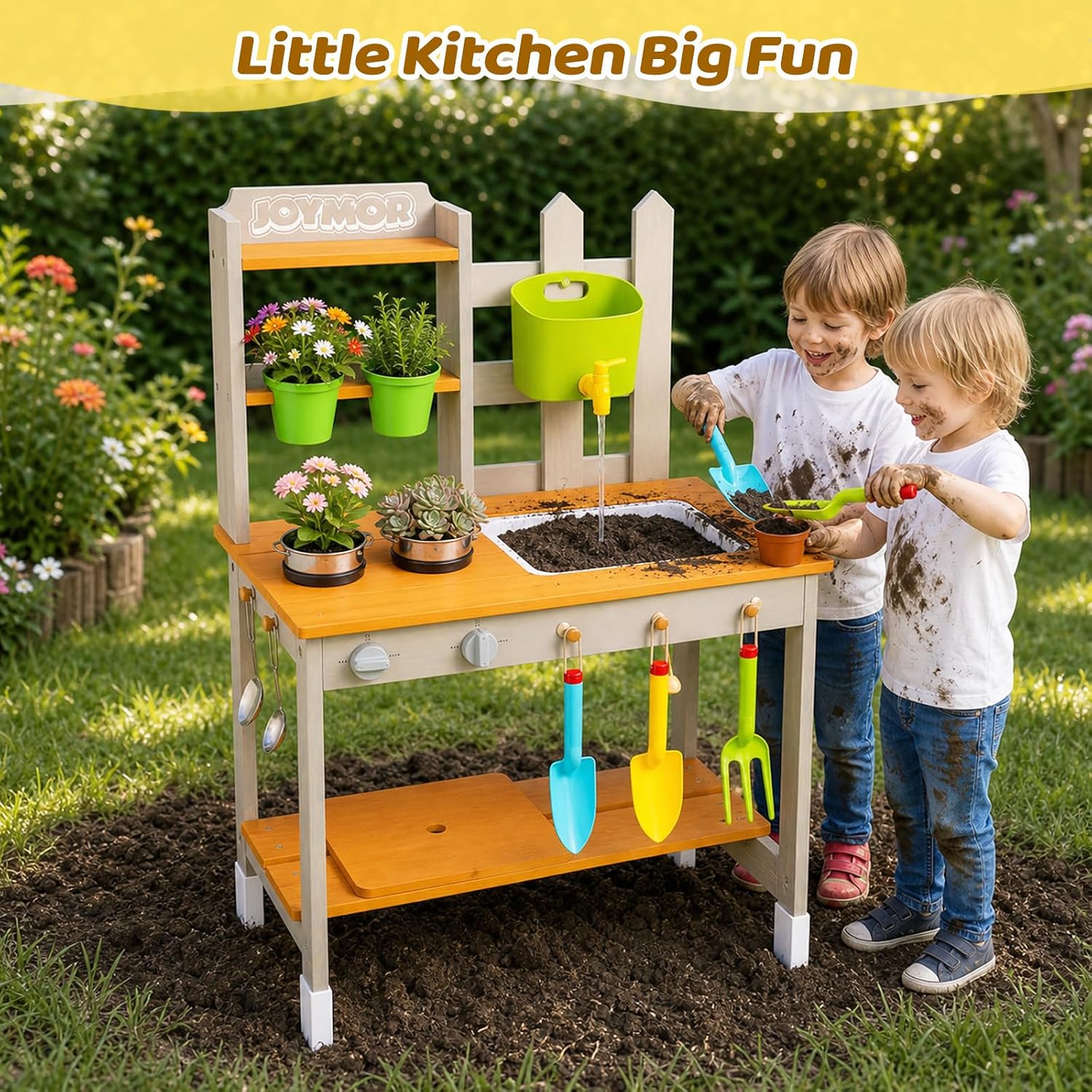 JOYMOR Outdoor Kids Mud Kitchen Playset with Faucet Pots & Garden Tools