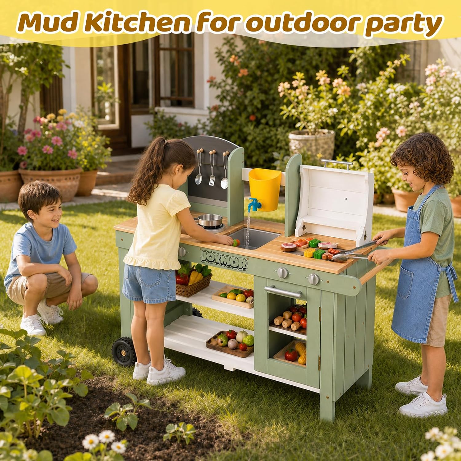 JOYMOR Kids Outdoor Mud Kitchen Wheeled Fir Sink Stove Grill Kids Gift