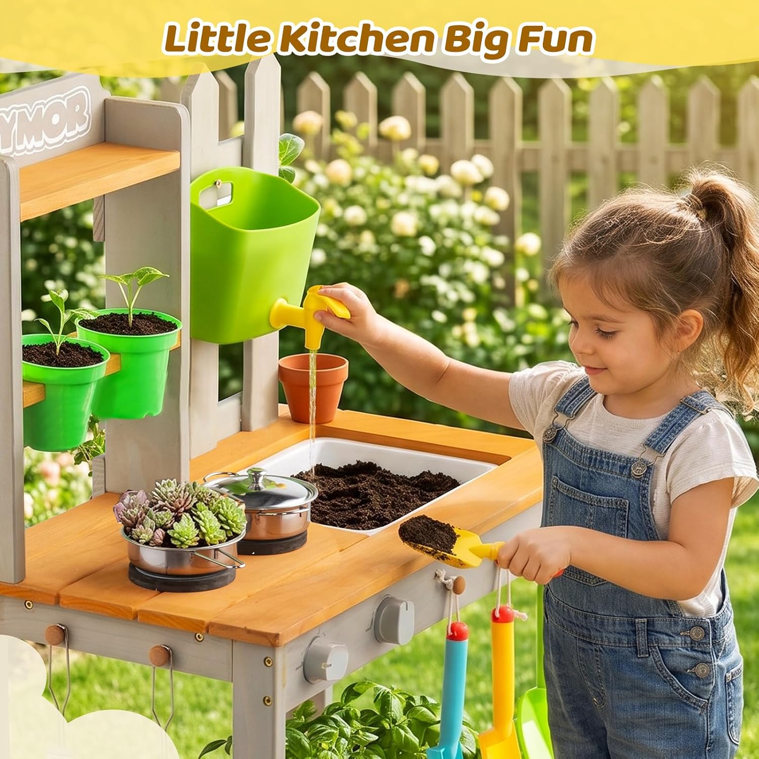 JOYMOR Outdoor Kids Mud Kitchen Playset with Faucet Pots & Garden Tools