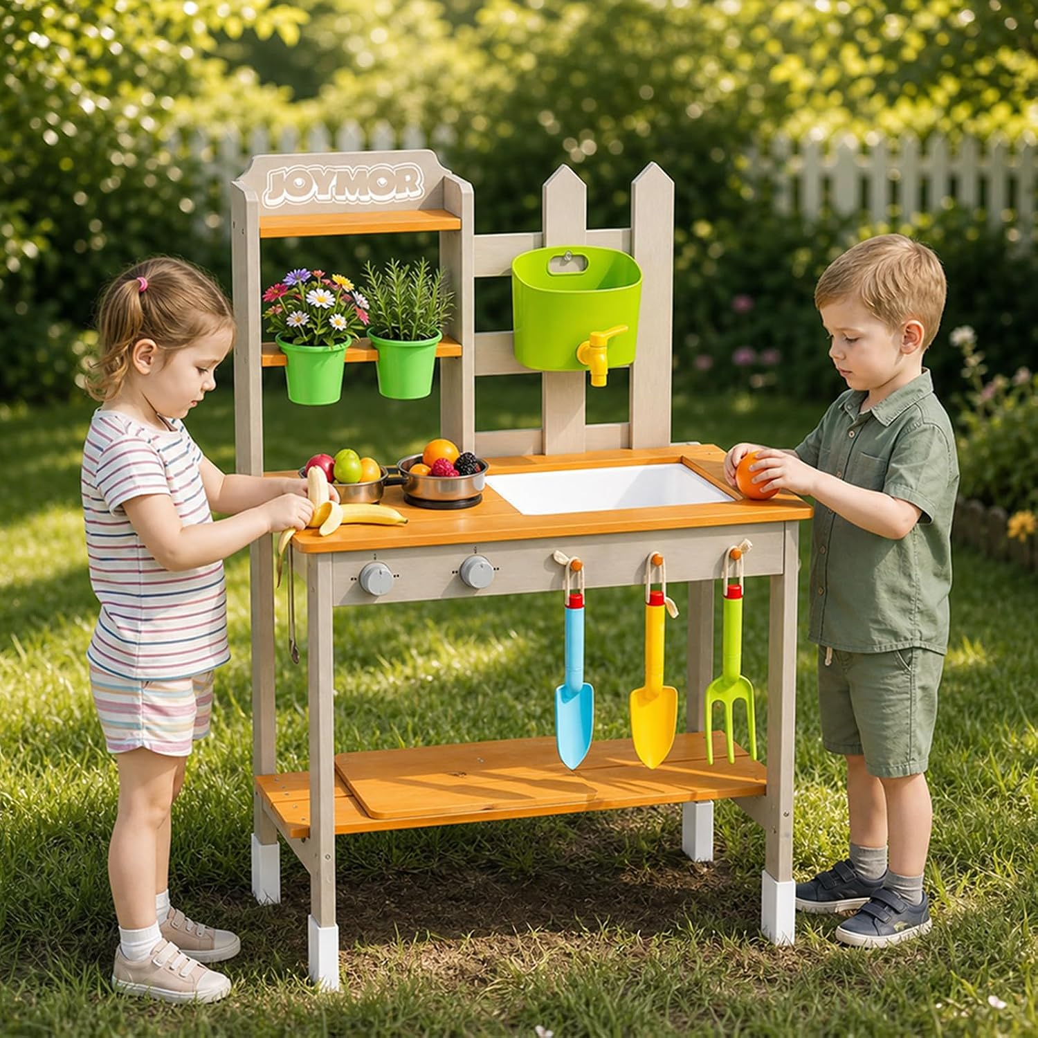 JOYMOR Outdoor Kids Mud Kitchen Playset with Faucet Pots & Garden Tools