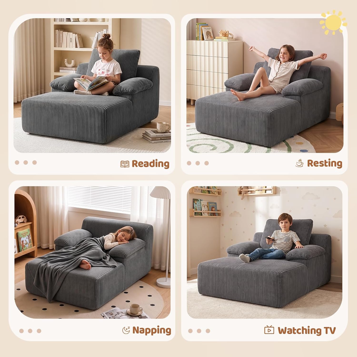 JOYMOR Chaise Lounge Chair Corduroy Upholstered Boneless Kids Sofa Bed