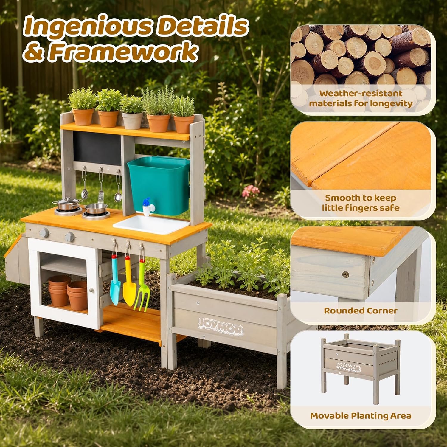 JOYMOR Kids Outdoor Mud Kitchen Sink Stove Planter Insect Box Storage Bin