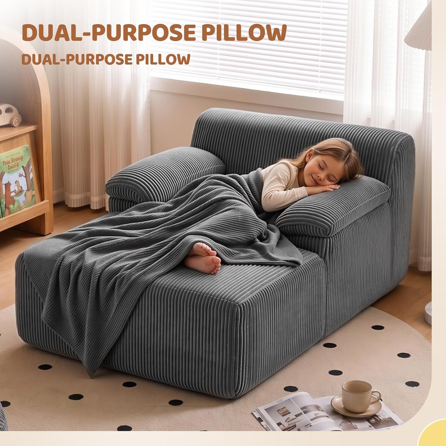 JOYMOR Chaise Lounge Chair Corduroy Upholstered Boneless Kids Sofa Bed