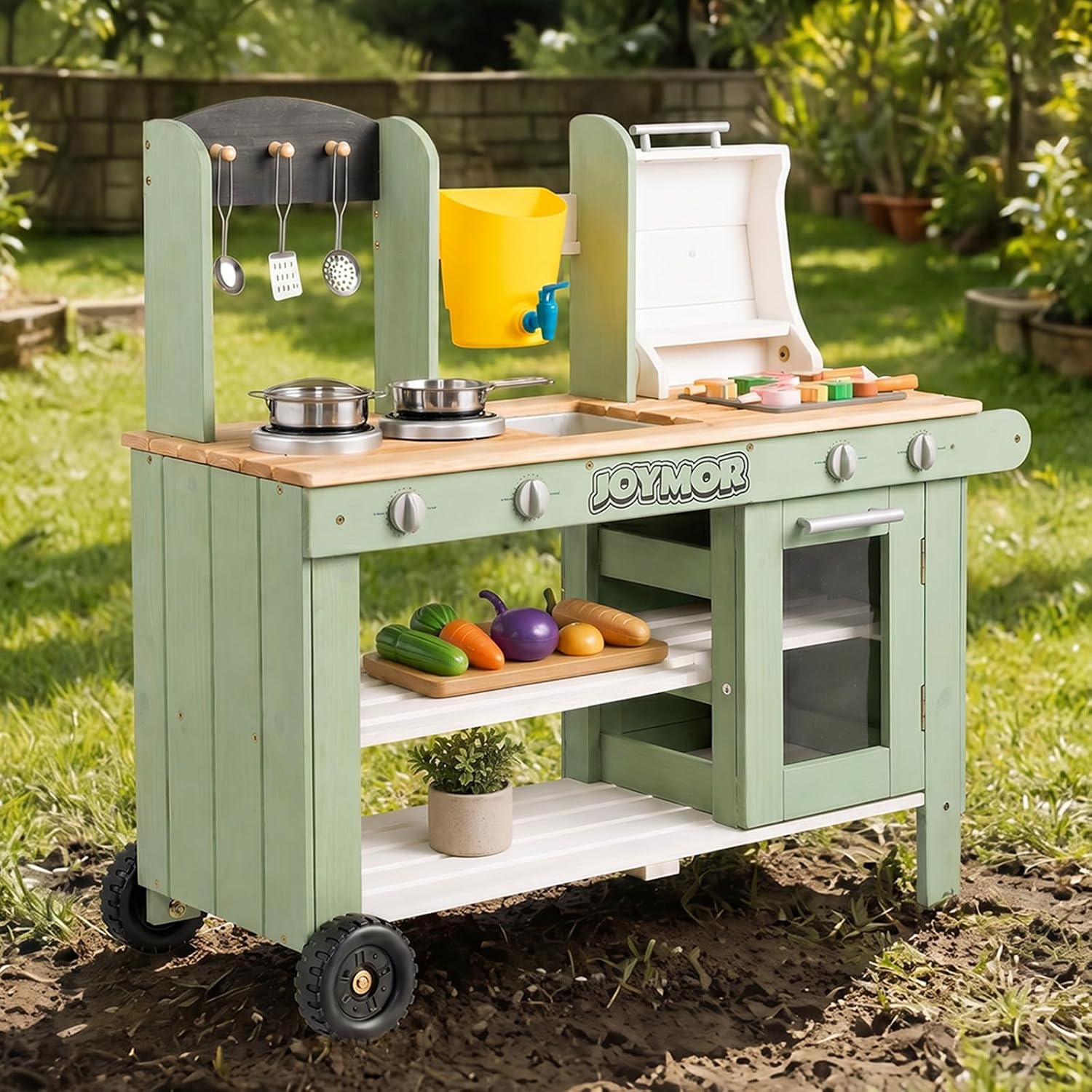 JOYMOR Kids Outdoor Mud Kitchen Wheeled Fir Sink Stove Grill Kids Gift
