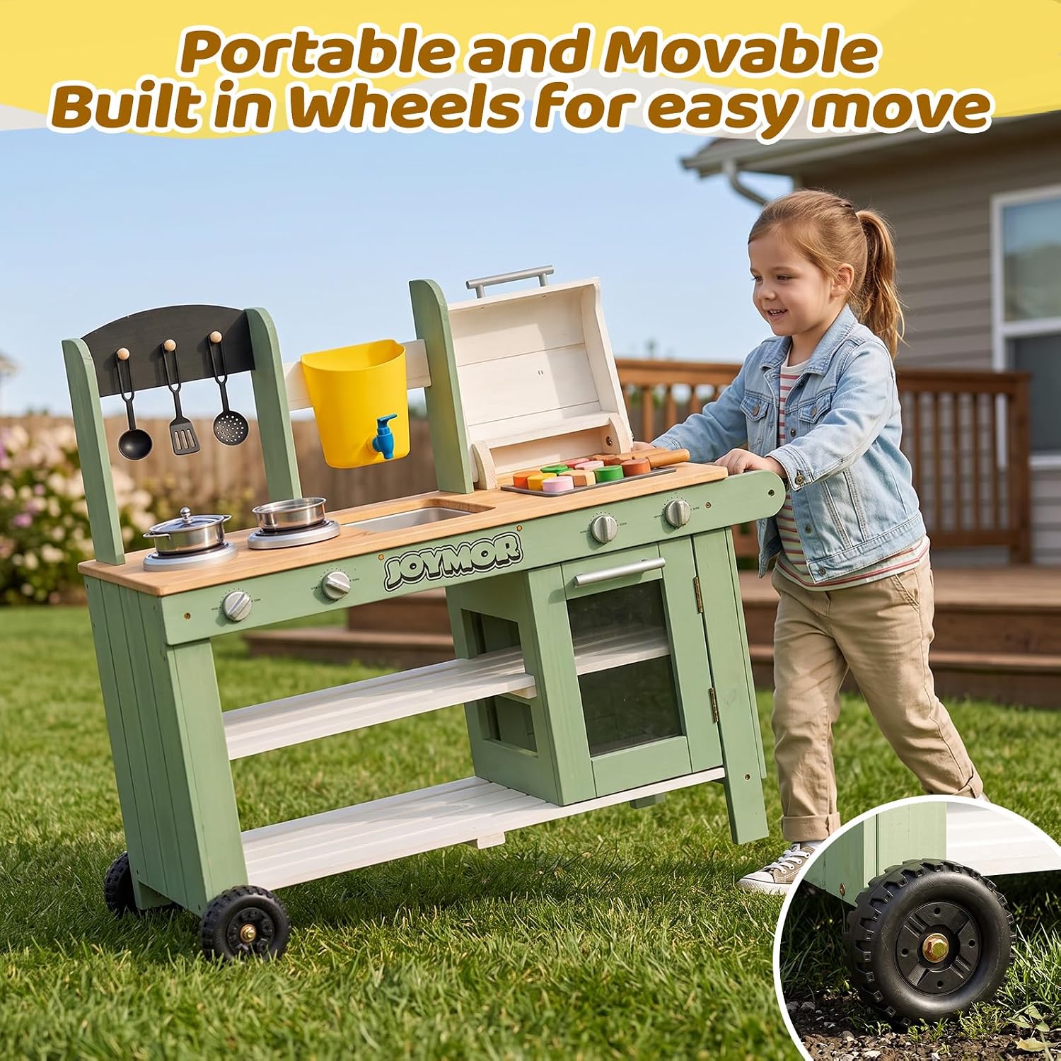 JOYMOR Kids Outdoor Mud Kitchen Wheeled Fir Sink Stove Grill Kids Gift