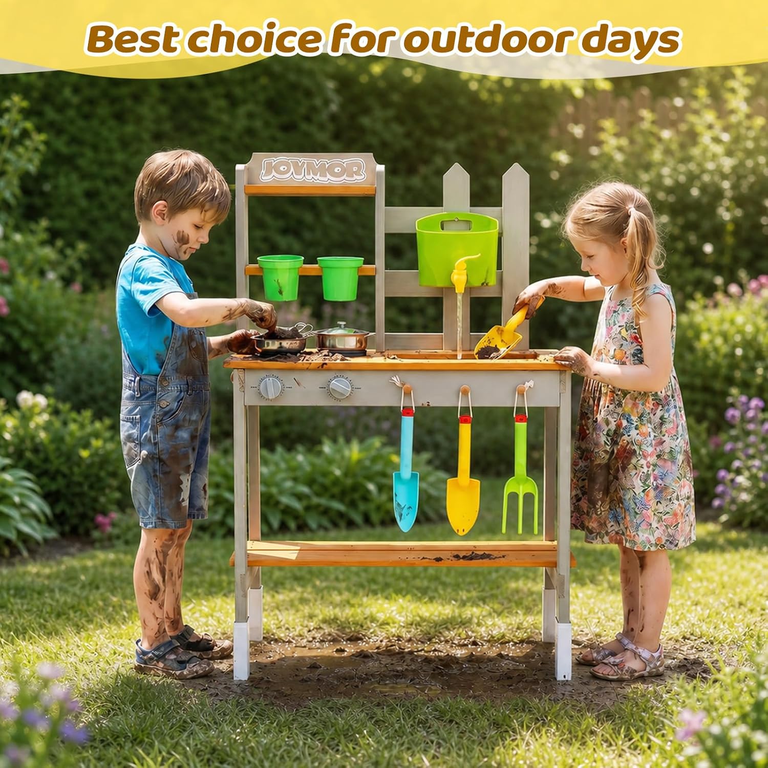JOYMOR Outdoor Kids Mud Kitchen Playset with Faucet Pots & Garden Tools