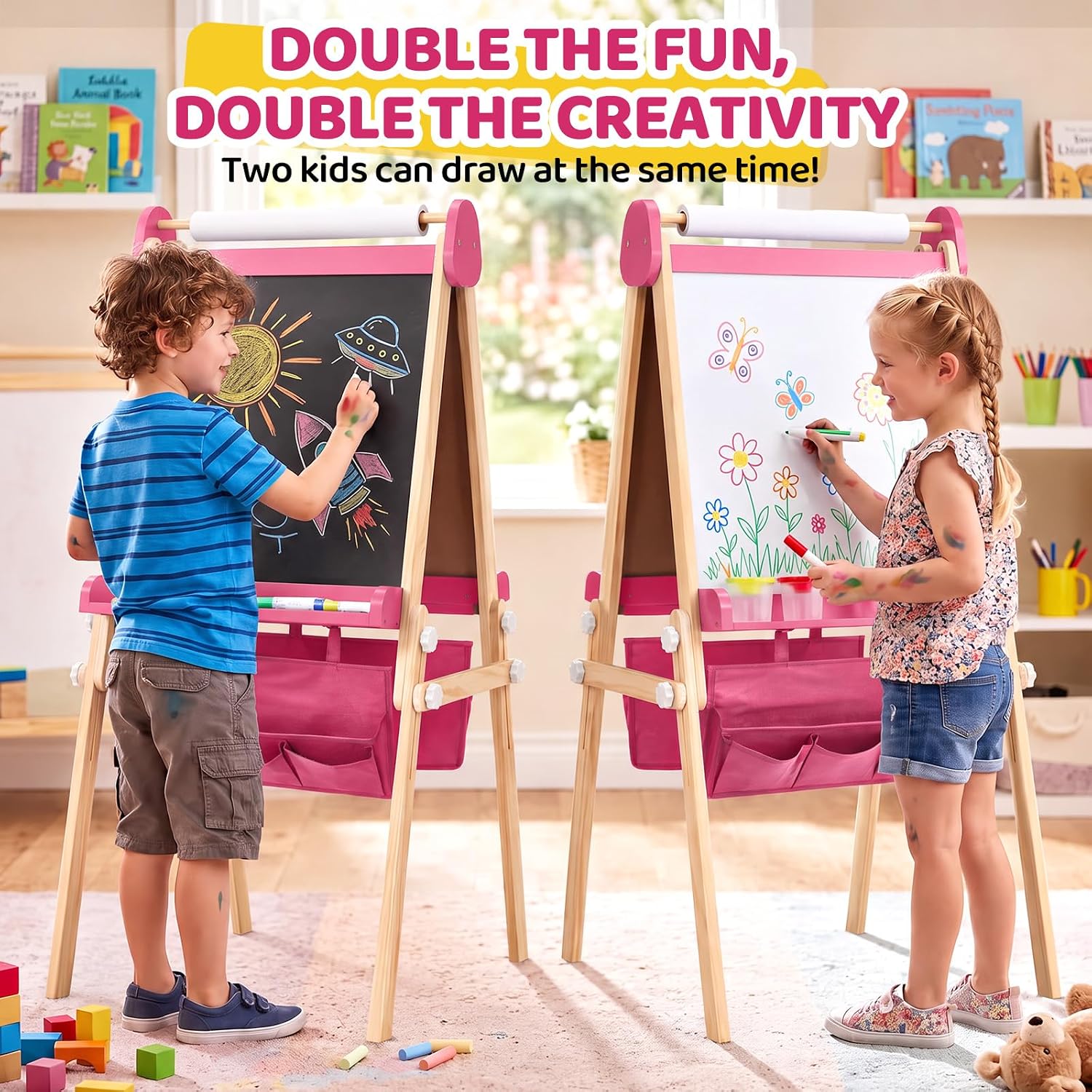 JOYMOR Wooden Easel for Kids Foldable&Adjustable Height Storage Trays