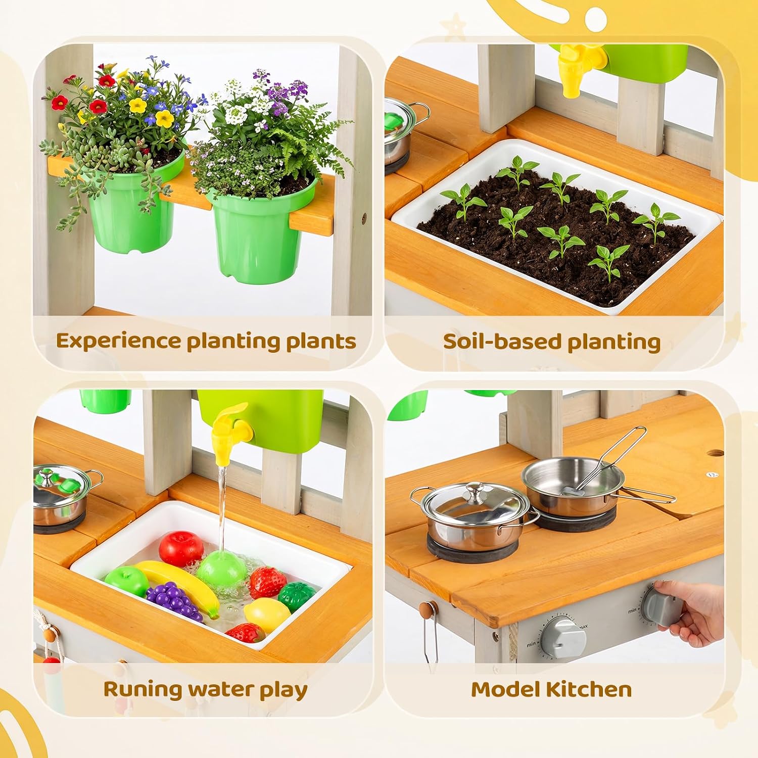 JOYMOR Outdoor Kids Mud Kitchen Playset with Faucet Pots & Garden Tools