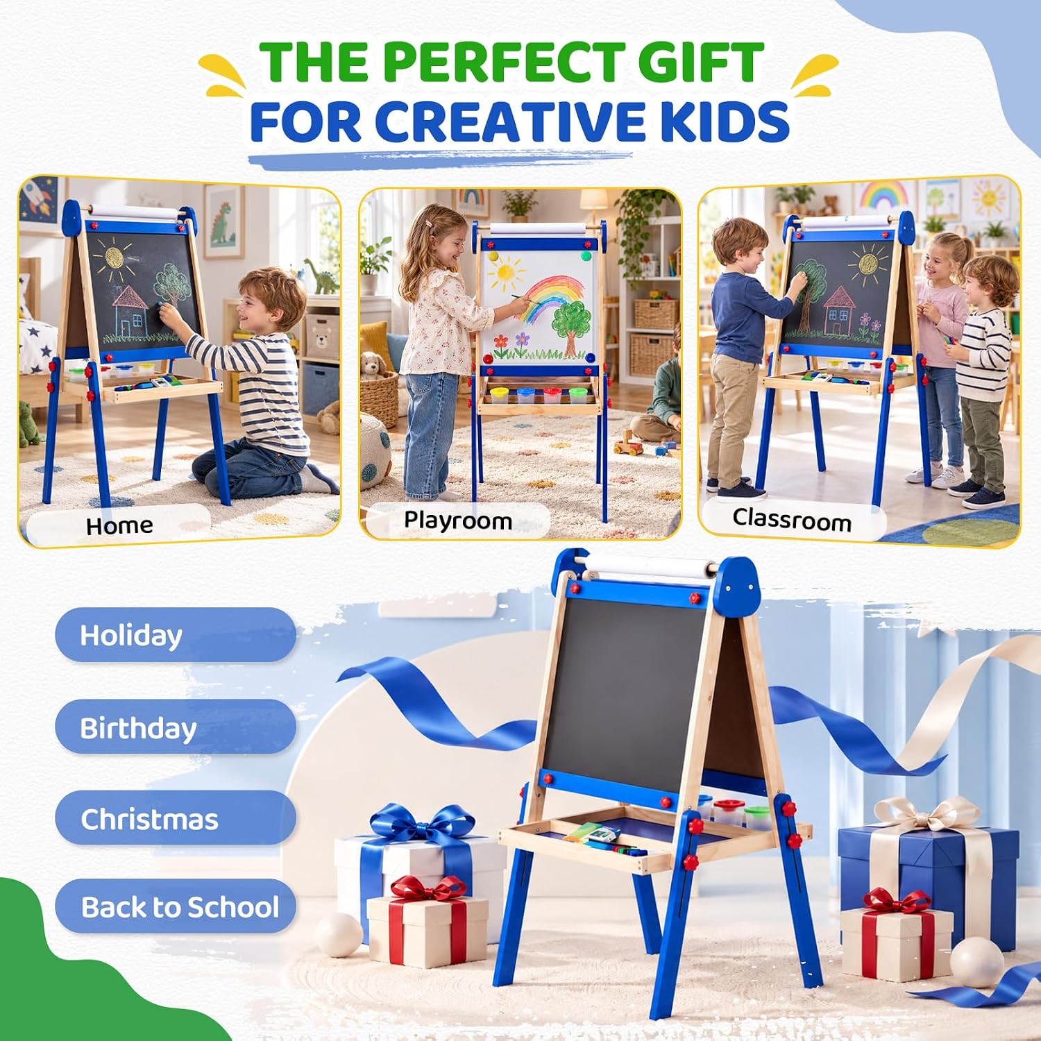 JOYMOR Wooden Easel for Kids Double-Sided Height Adjustable Painting