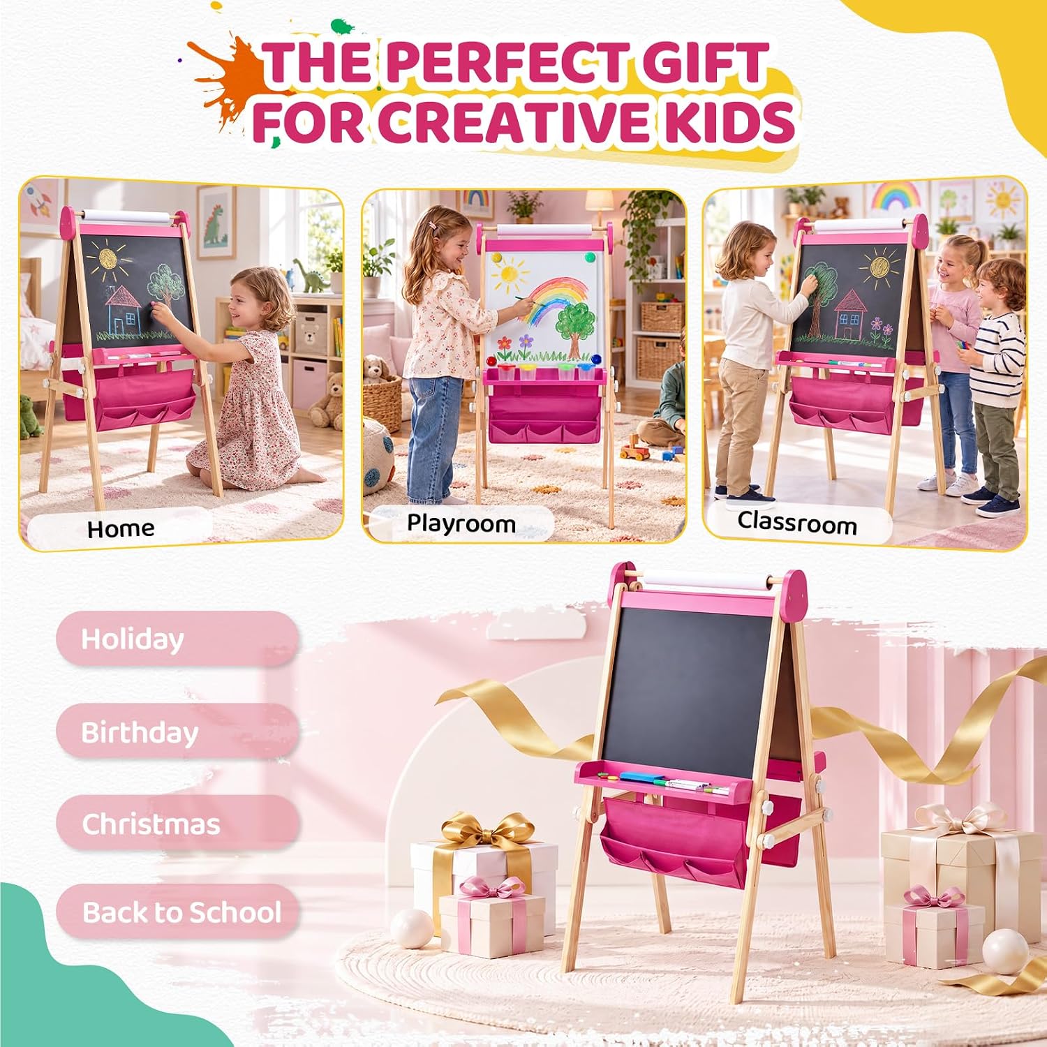 JOYMOR Wooden Easel for Kids Foldable&Adjustable Height Storage Trays