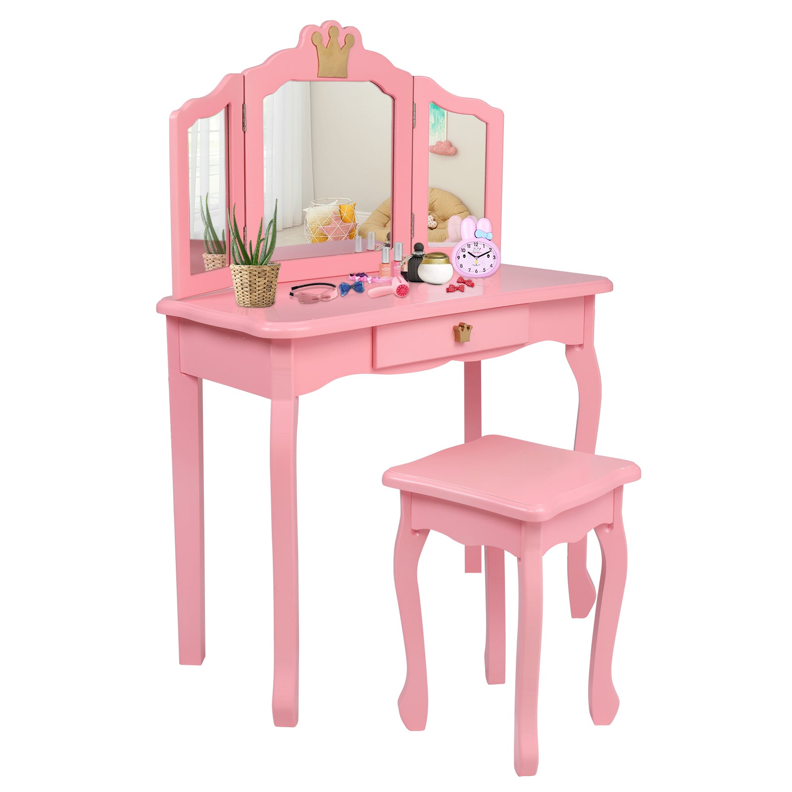 JOYMOR Wooden Tri Folding Kids Vanity Set with Stool
