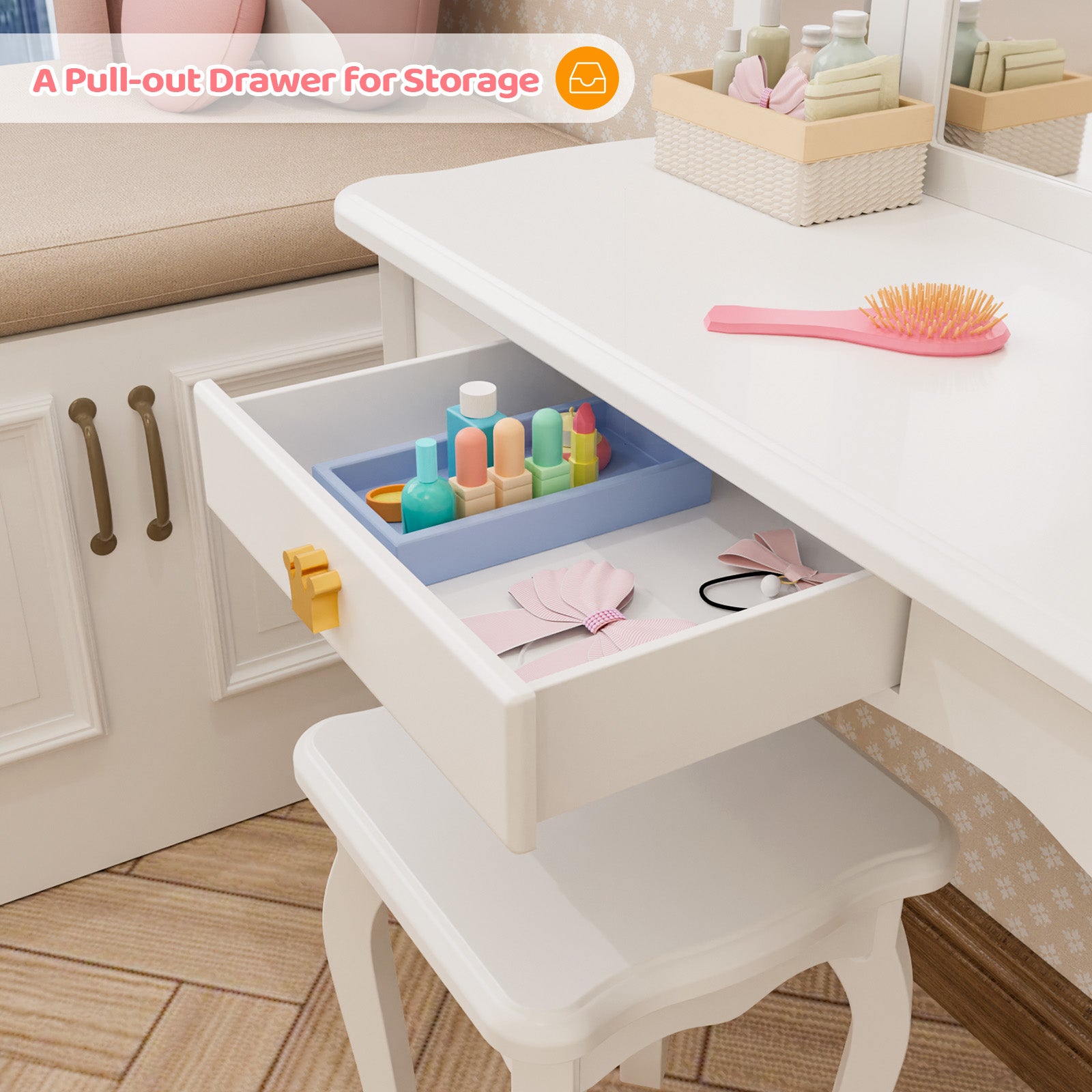 JOYMOR Wooden Tri Folding Kids Vanity Set with Stool