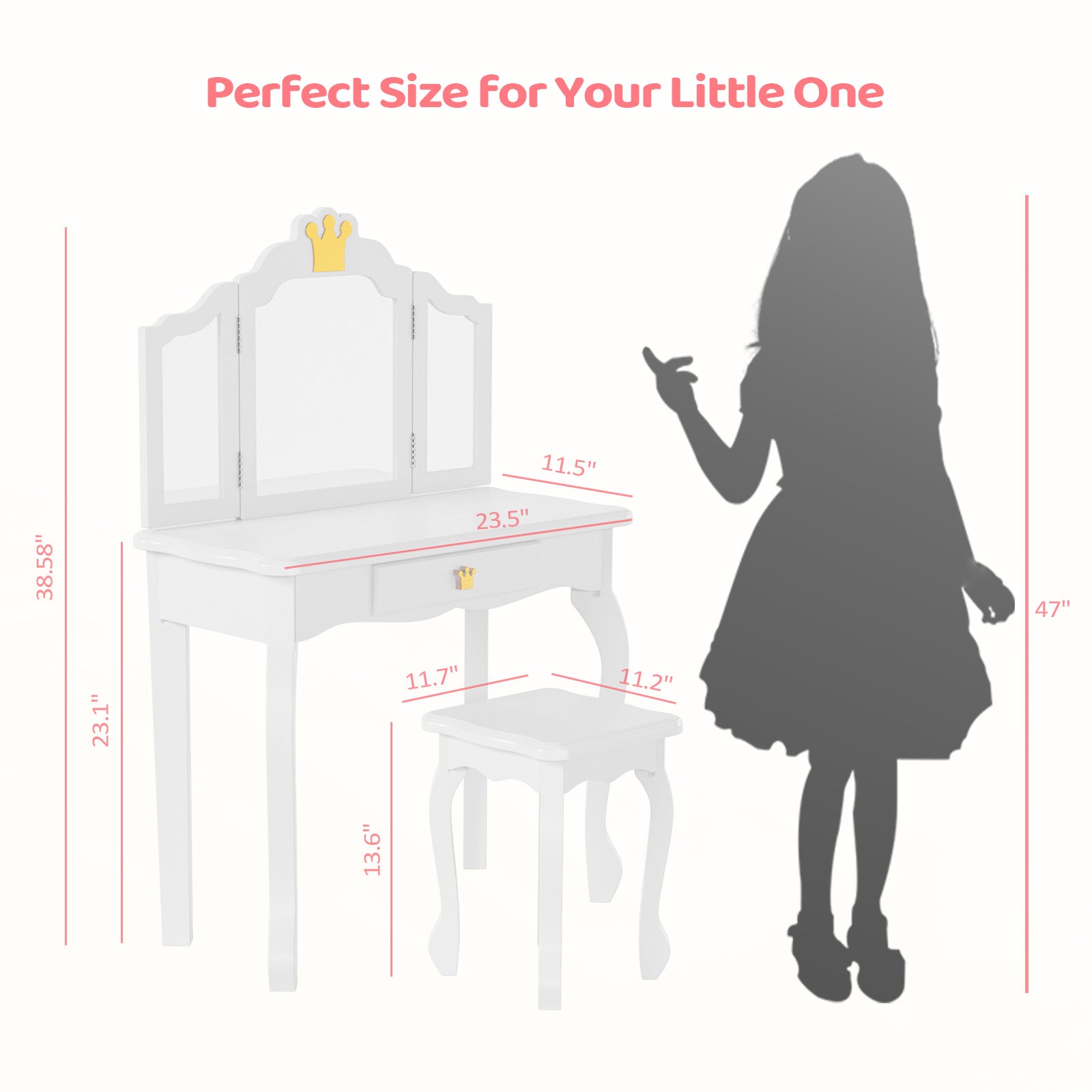 JOYMOR Wooden Tri Folding Kids Vanity Set with Stool