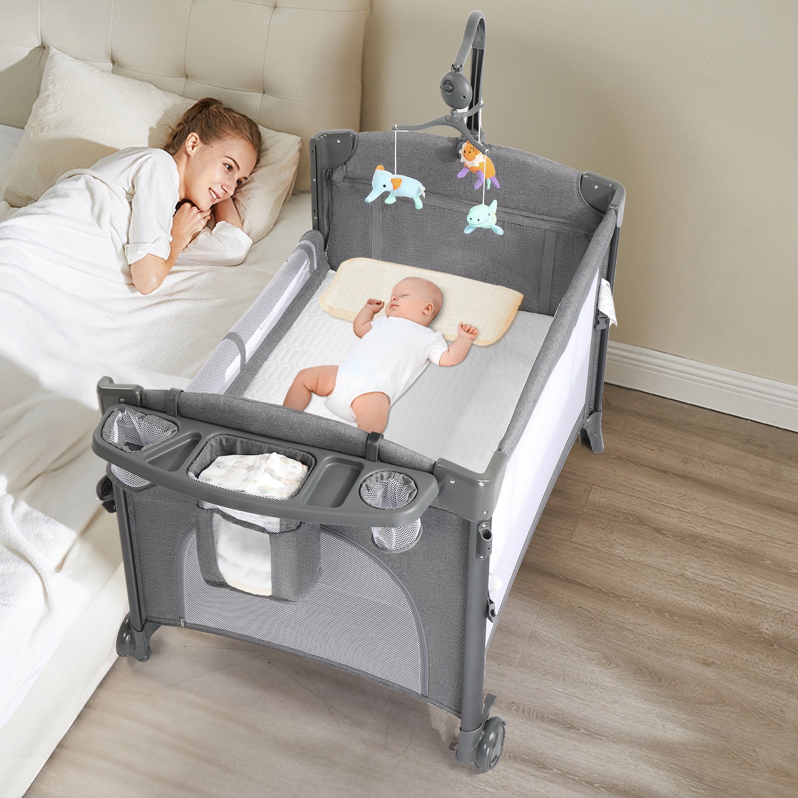 JOYMOR 3 in 1 Baby Bedside Sleeper with Bassinet Portable Folding  Multifunction Crib