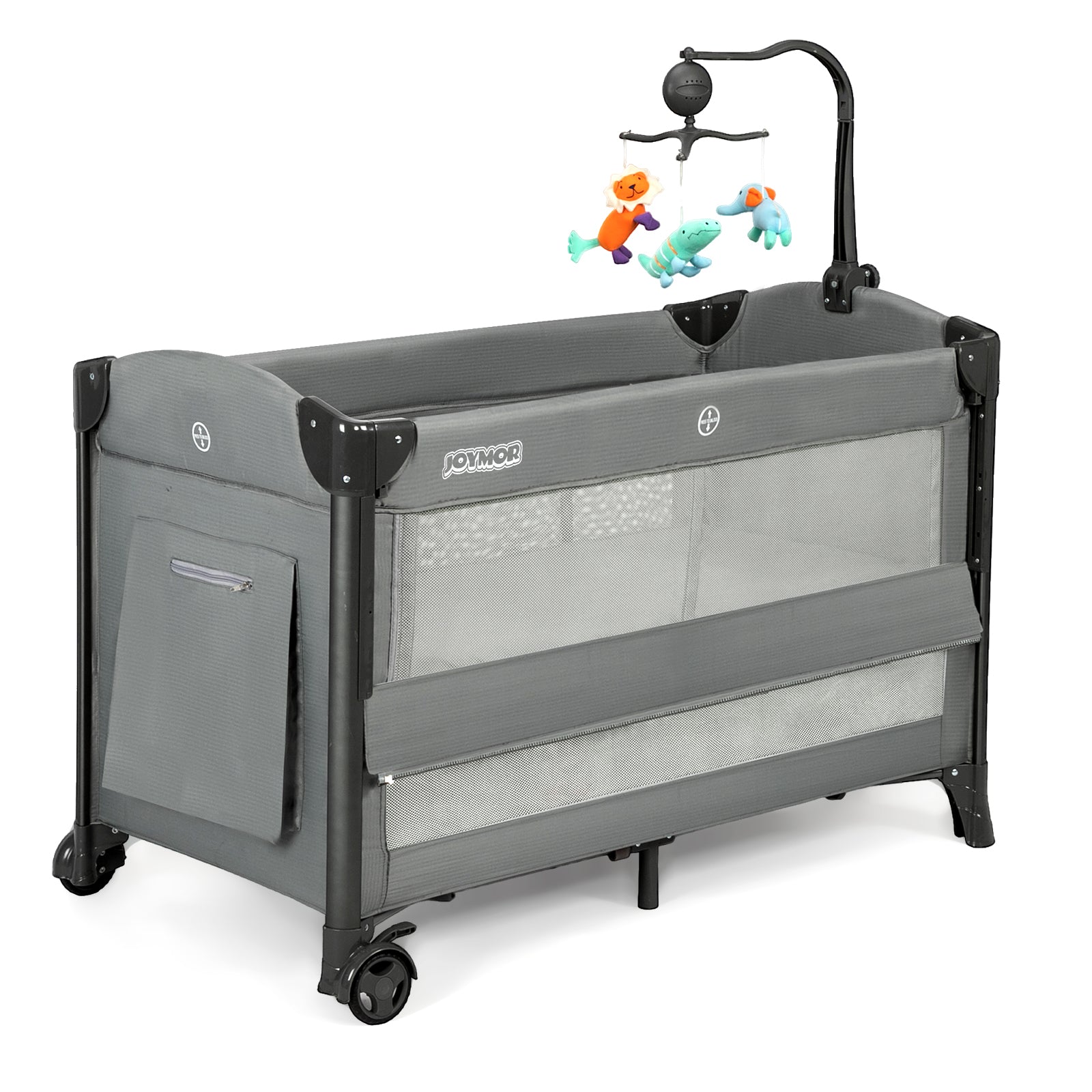 JOYMOR Folding Bedside Bassinet Co Sleeper Baby Bassinet Travel Crib with Toy Wheels Brake Carry Bag Gray