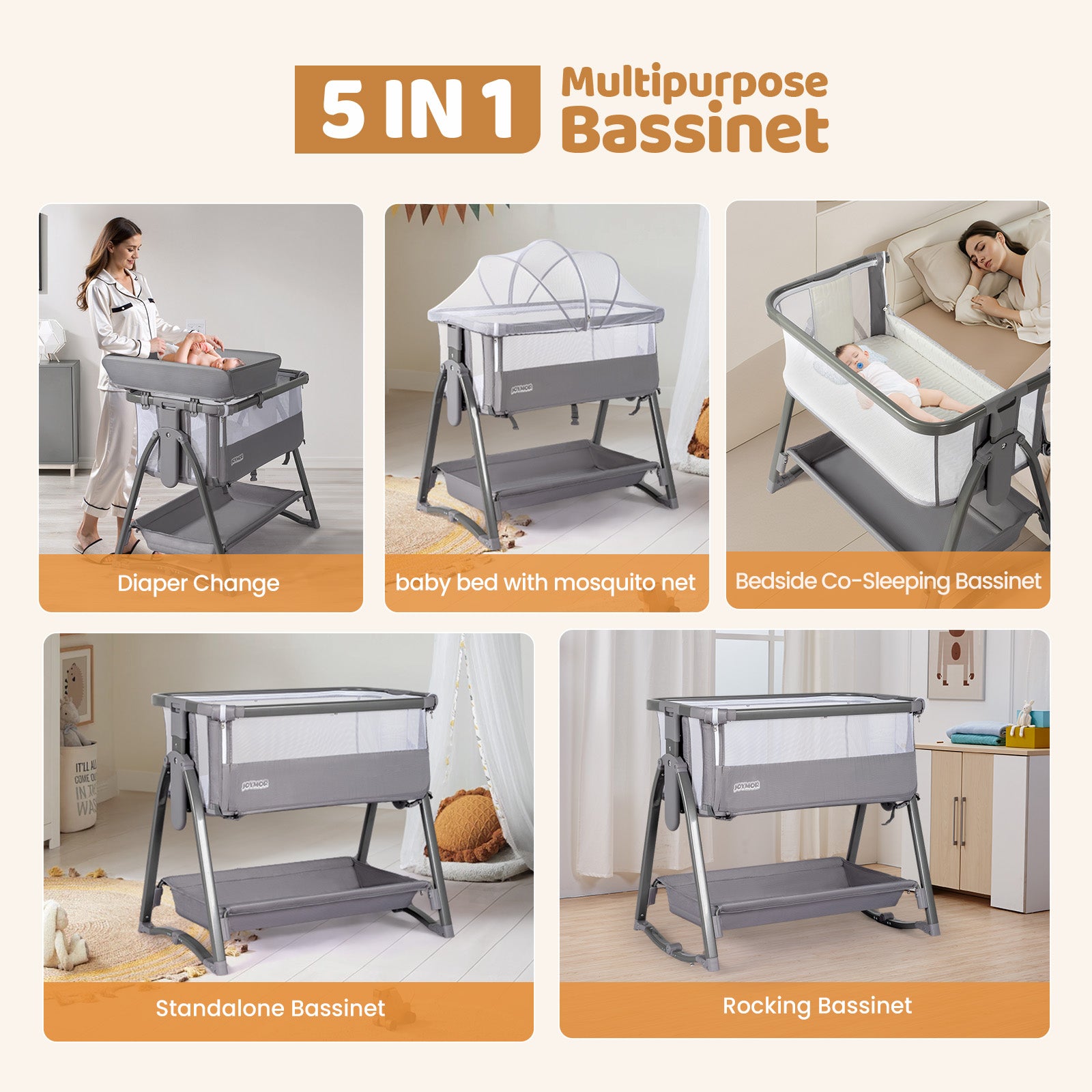 JOYMOR 5 in 1 Baby Taller Bassinet Sleeper with Changing Table