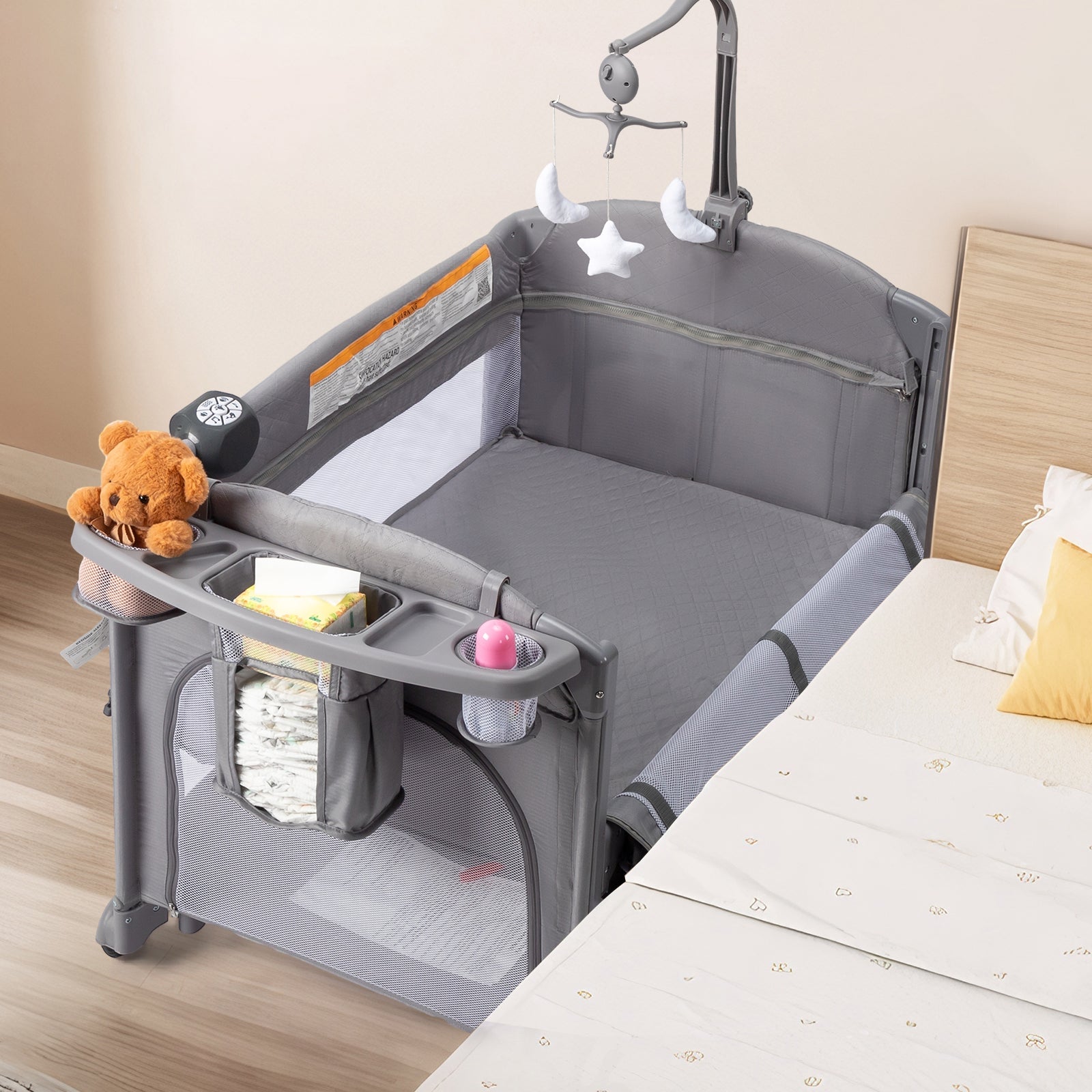 JOYMOR 9 in 1 Bedside Baby Bassinet with Changing Table with Electric Music Center