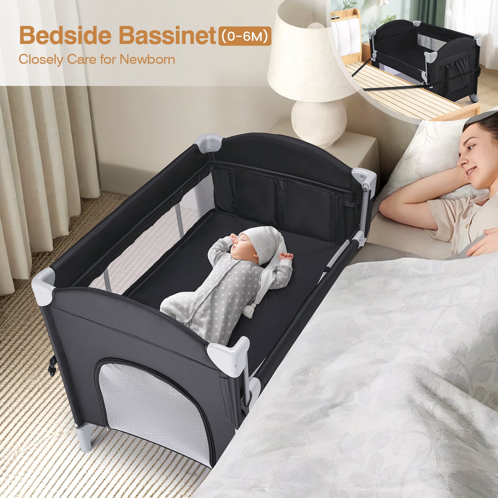 JOYMOR 4 in 1 Baby Bassinet Bedside Crib Sleeper with Soft Toys